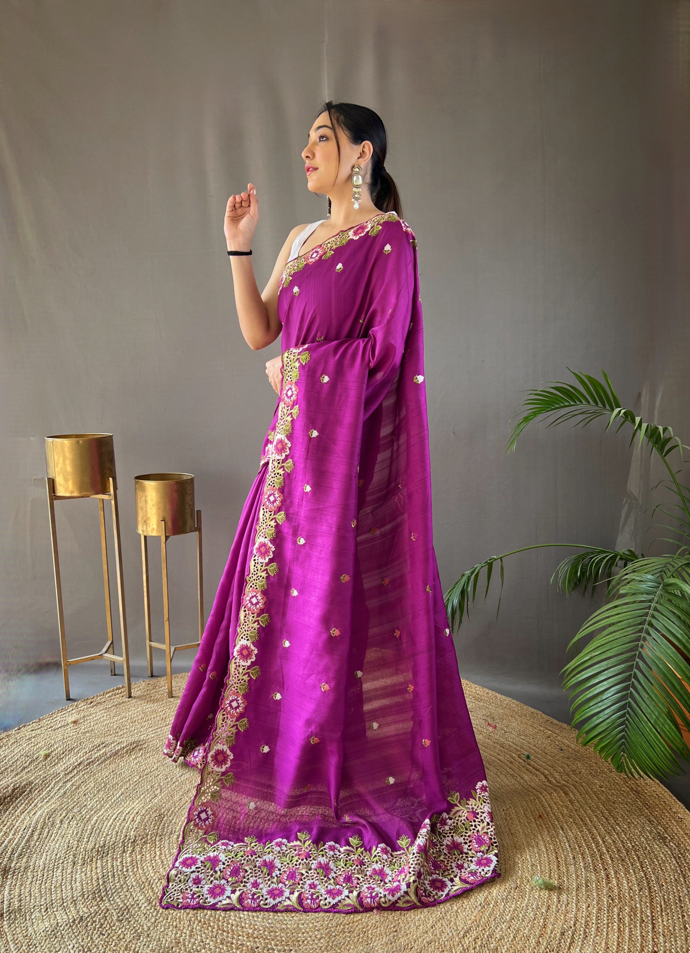 Purple Tussar Silk Embroidered Work Saree