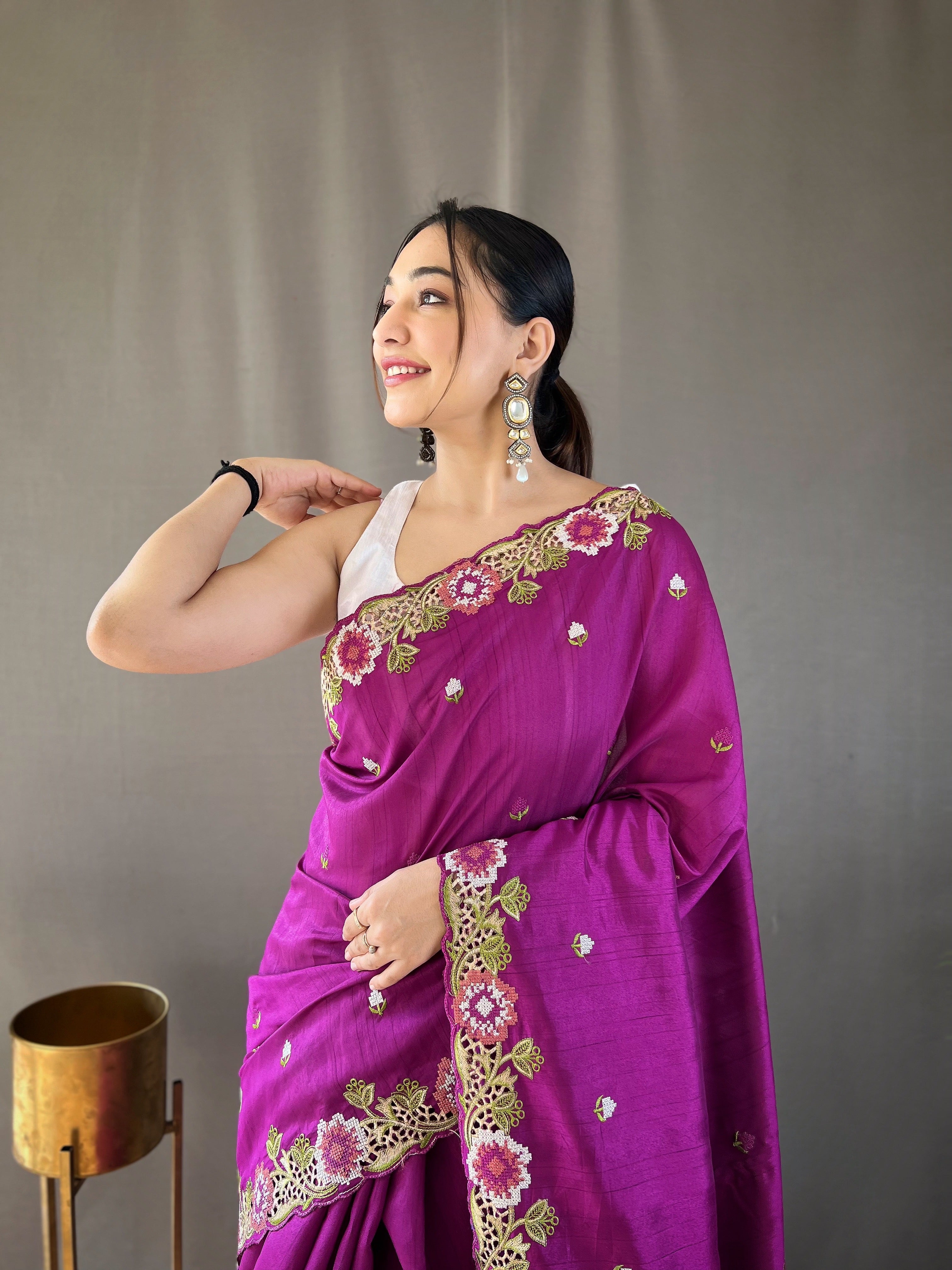Purple Tussar Silk Embroidered Work Saree