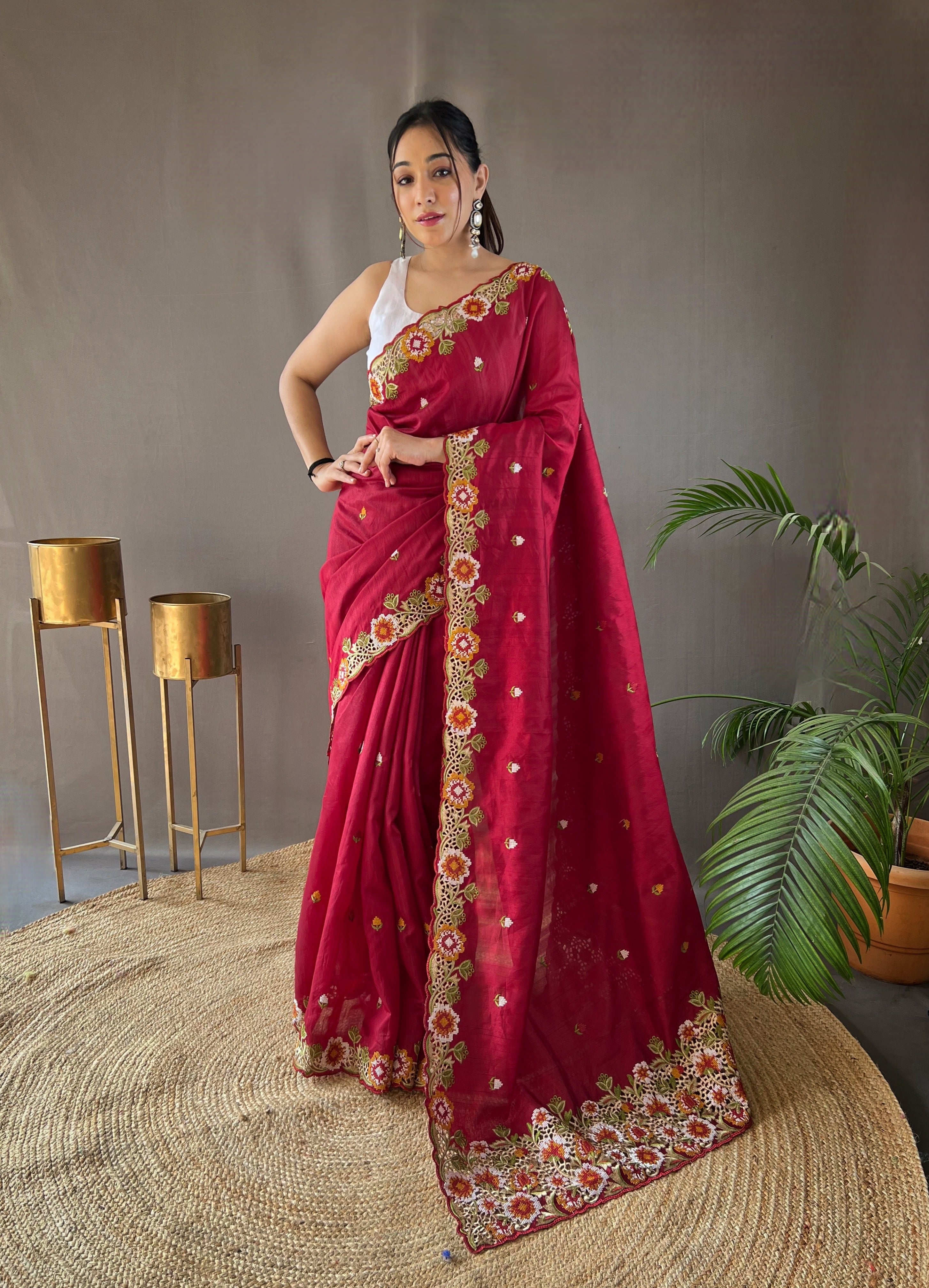 Maroon Tussar Silk Embroidered Work Saree