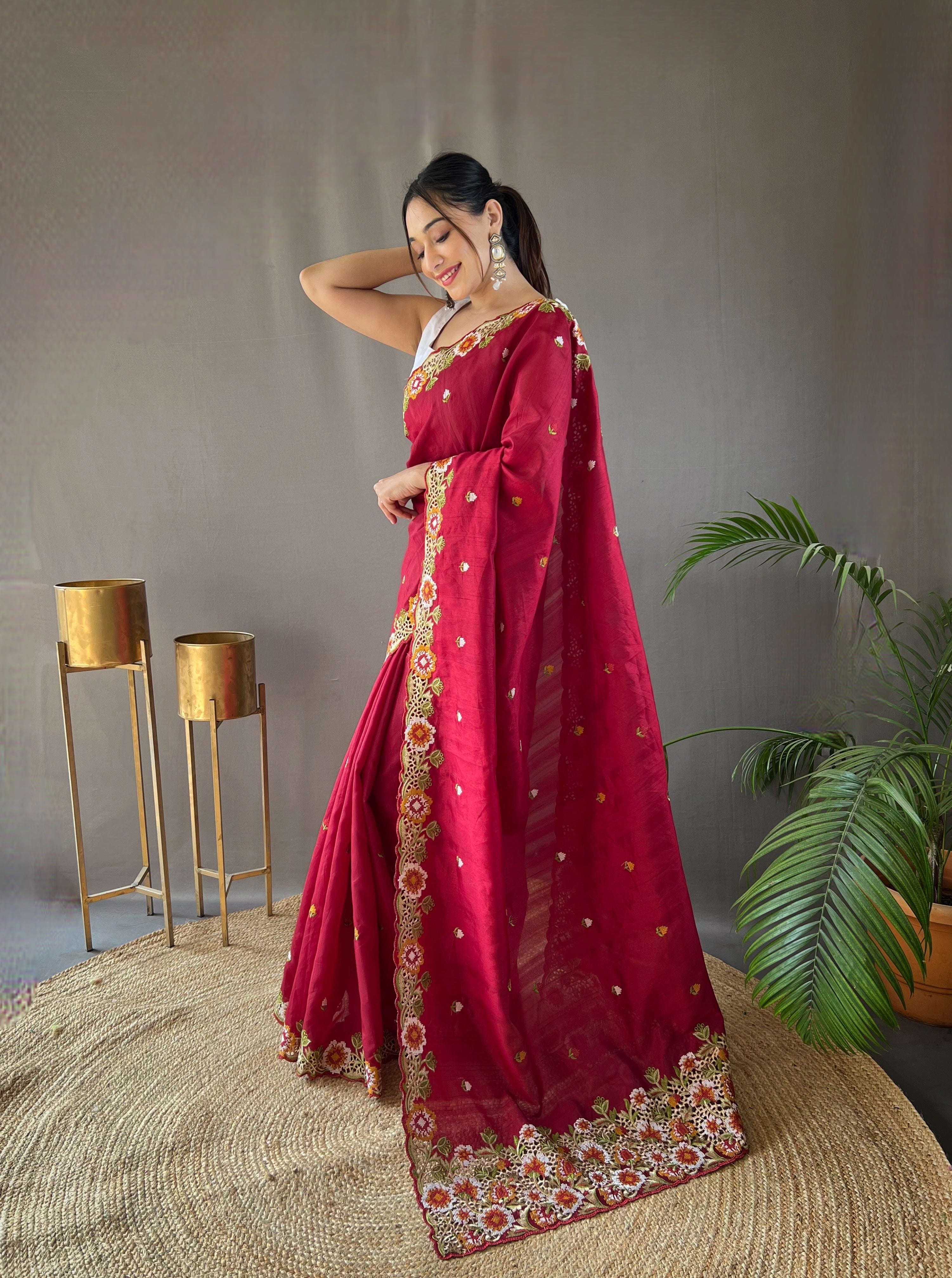 Maroon Tussar Silk Embroidered Work Saree