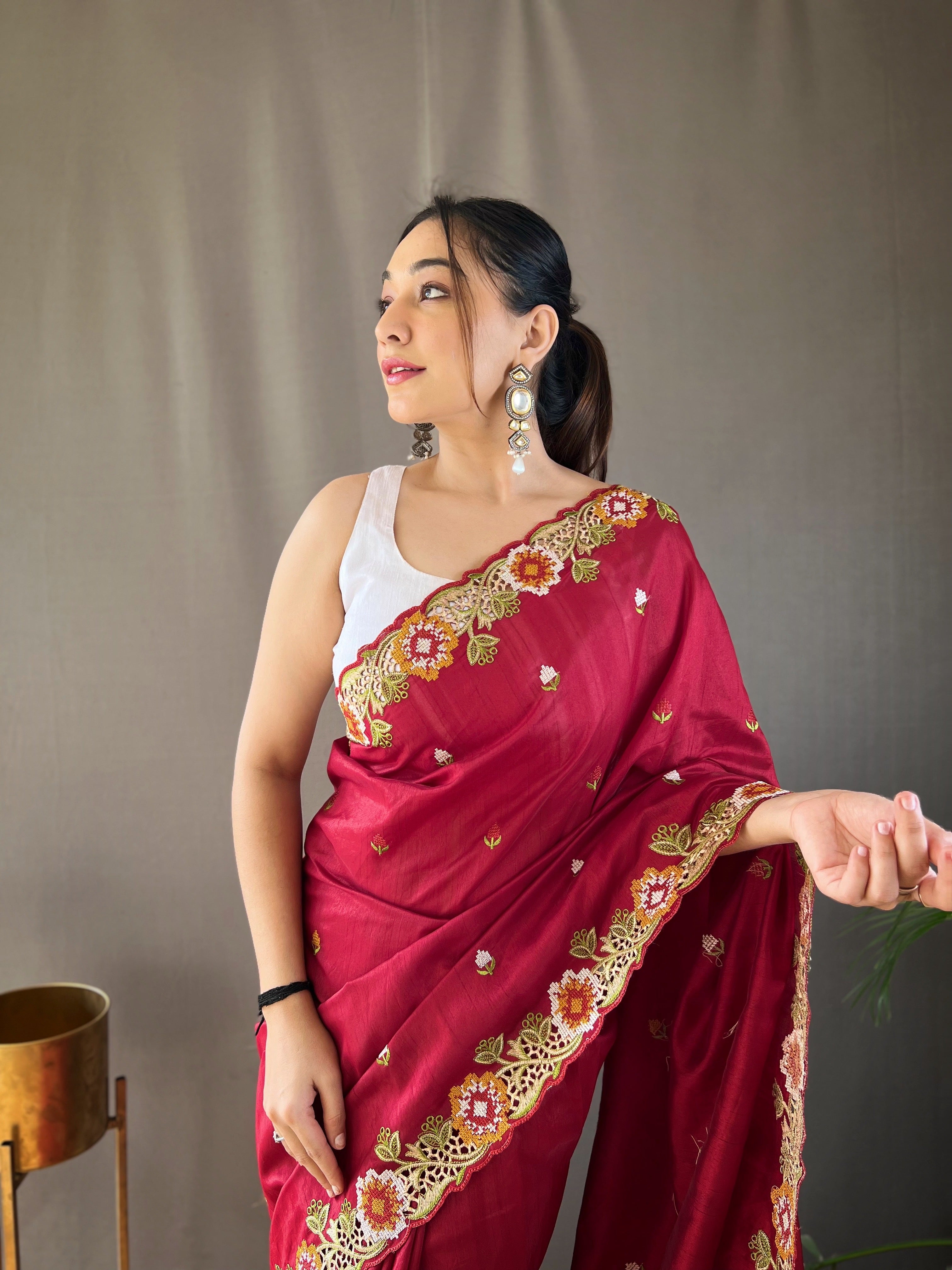 Maroon Tussar Silk Embroidered Work Saree