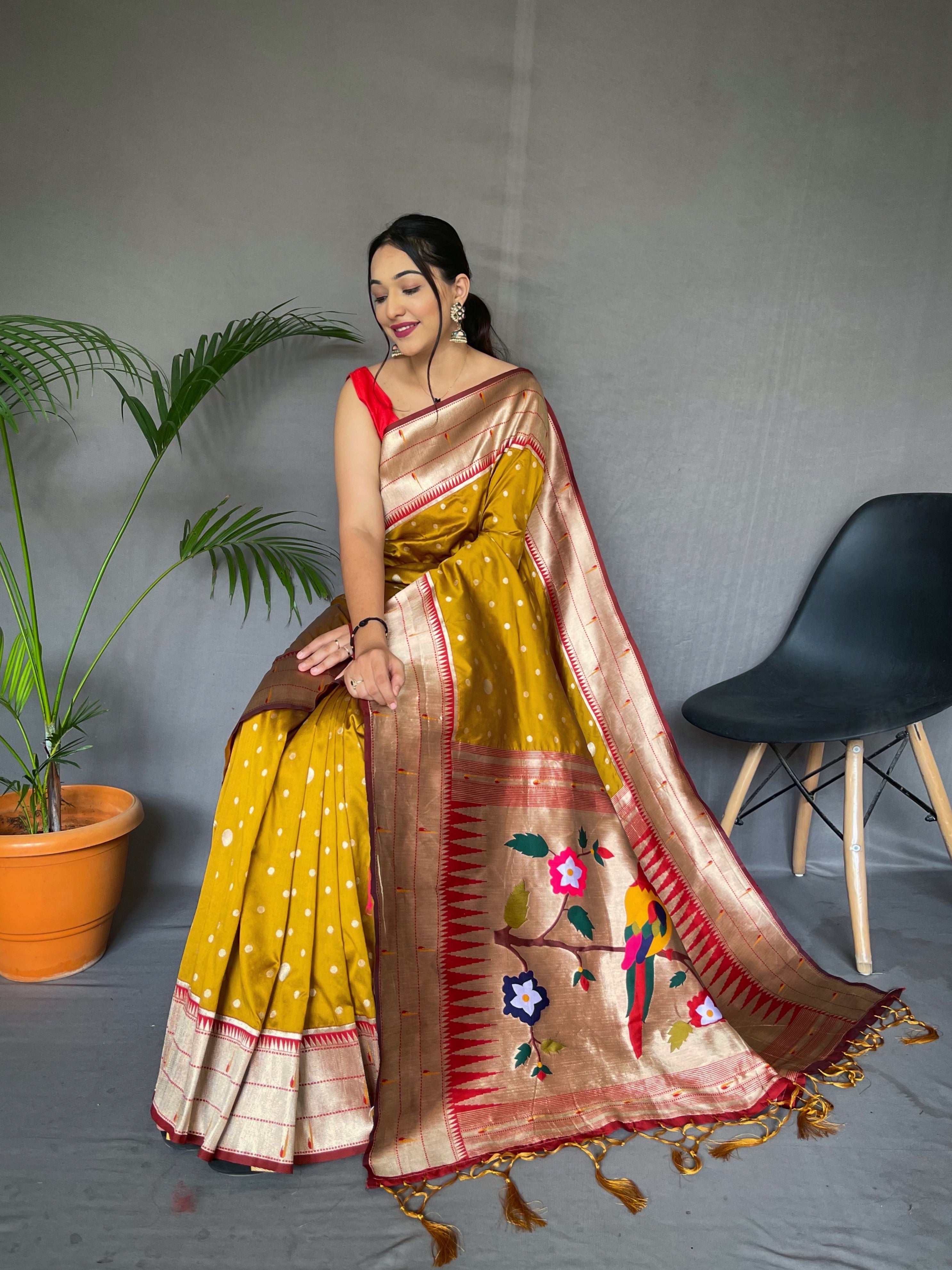 Mustard Weaved Paithani Silk Saree