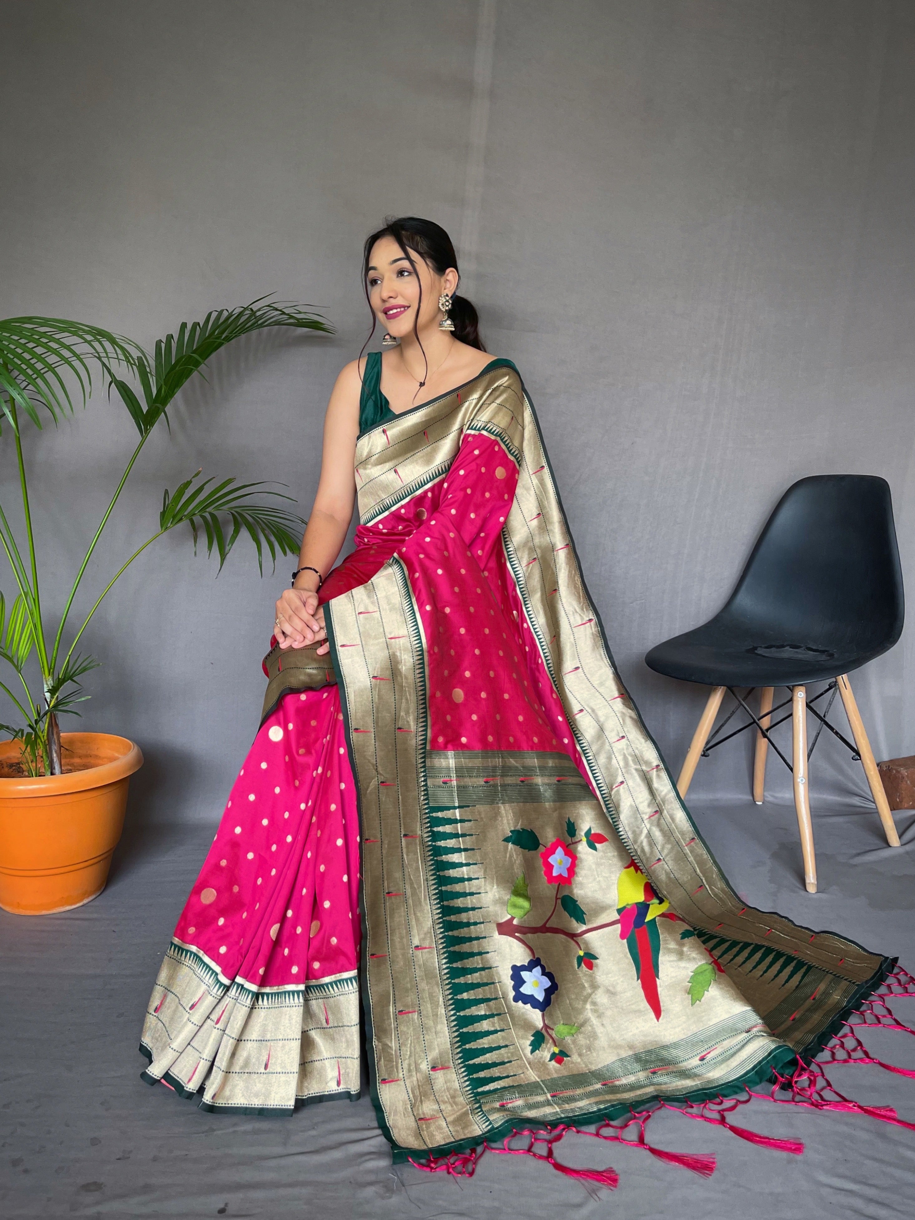 Pink Weaved Paithani Silk Saree