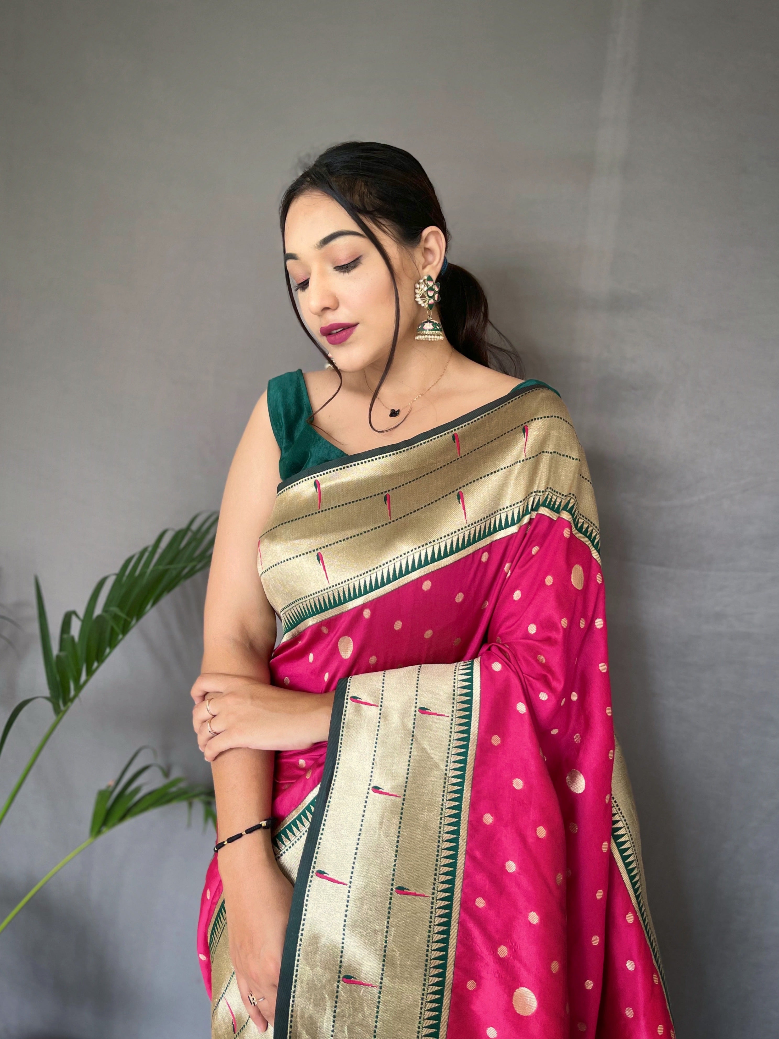 Pink Weaved Paithani Silk Saree