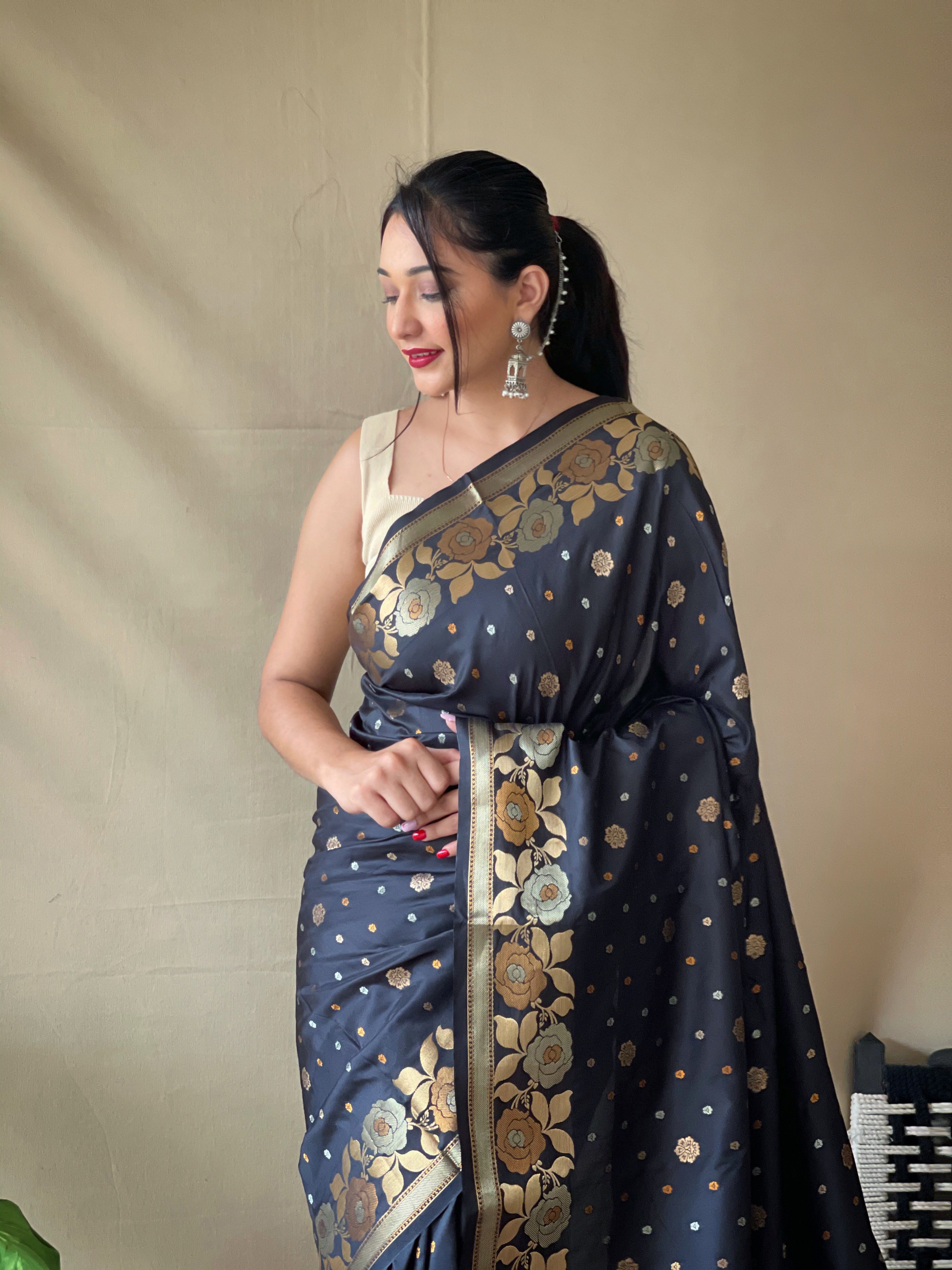 Black Floral Woven Banarasi Silk Saree