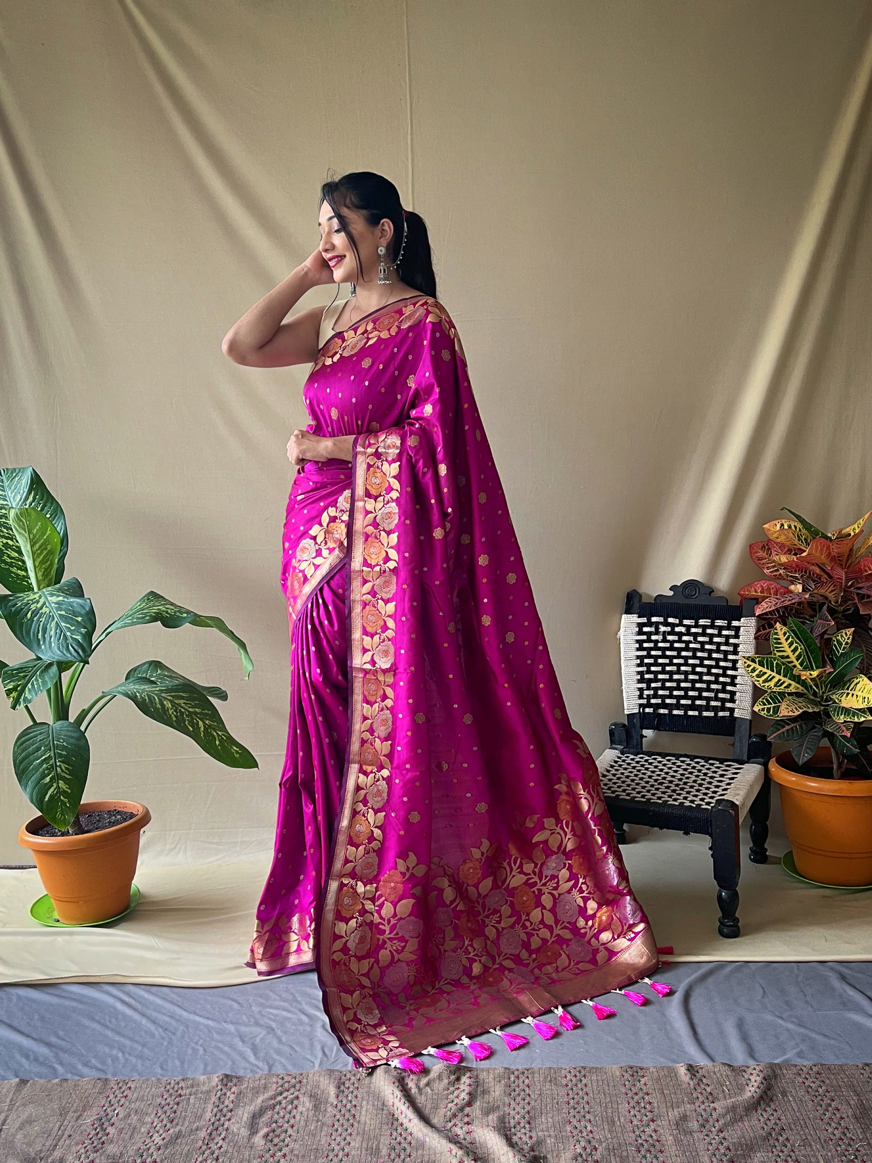 Pink Floral Woven Banarasi Silk Saree