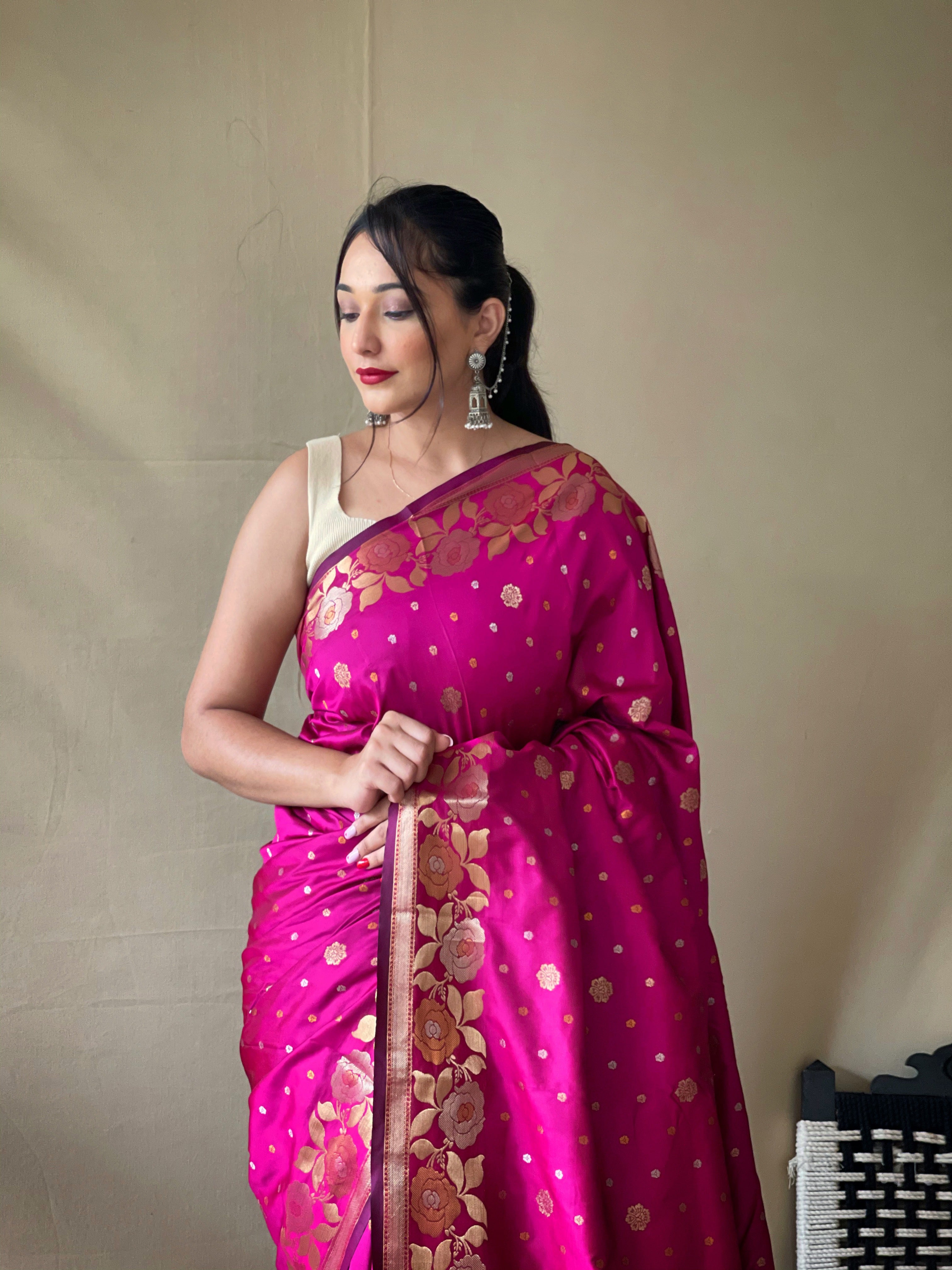 Pink Floral Woven Banarasi Silk Saree