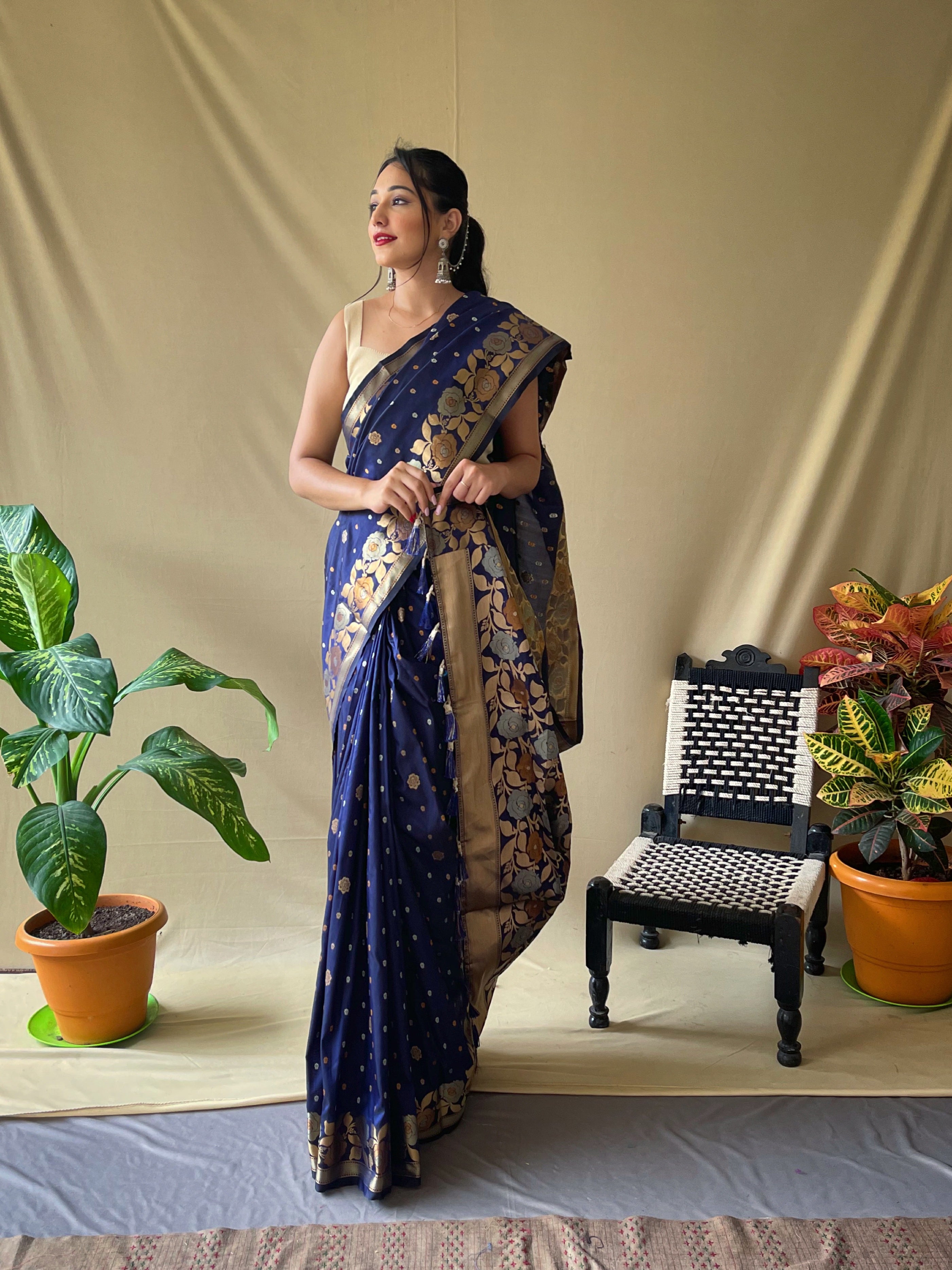 Indigo Floral Woven Banarasi Silk Saree