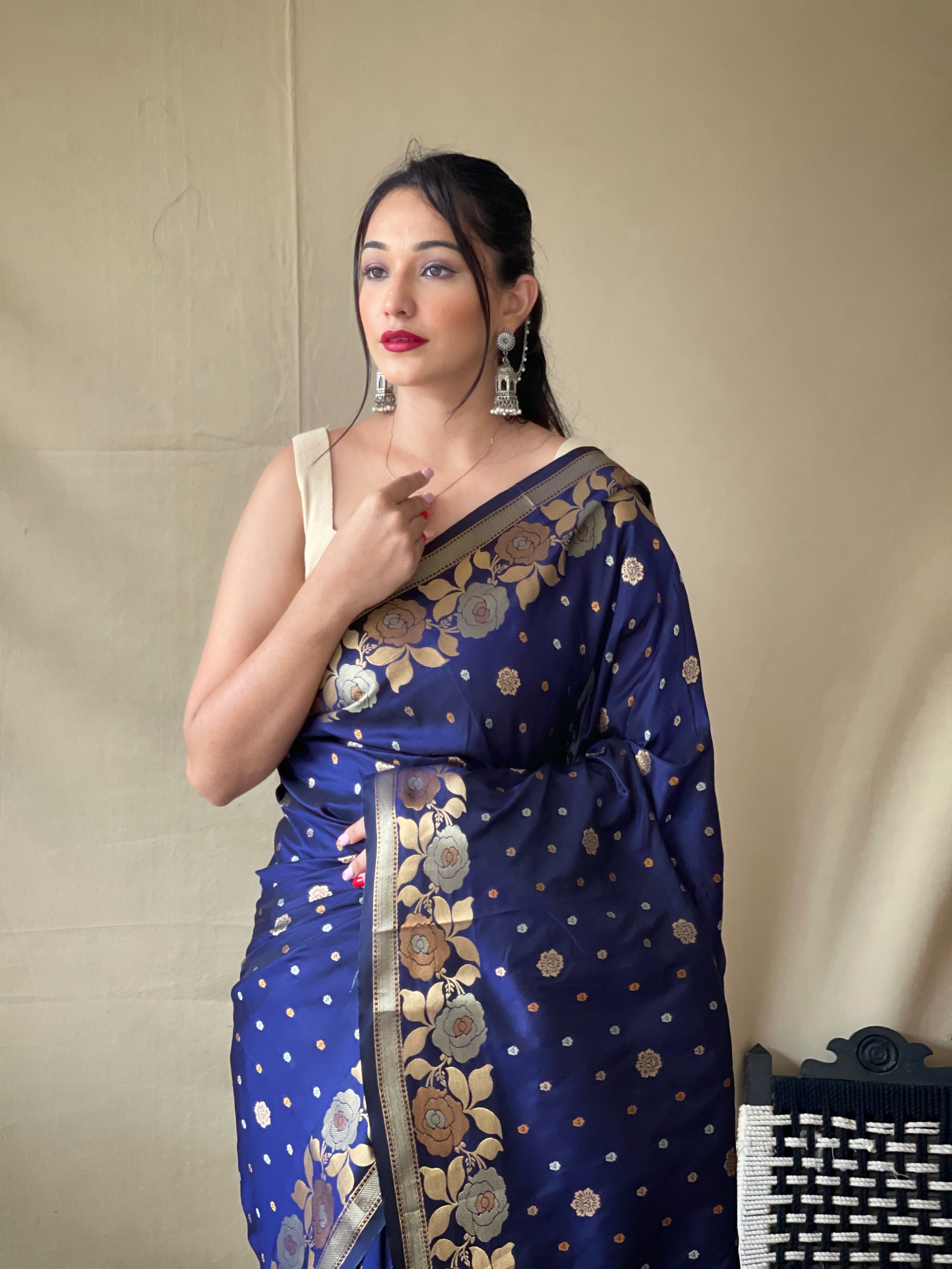 Indigo Floral Woven Banarasi Silk Saree