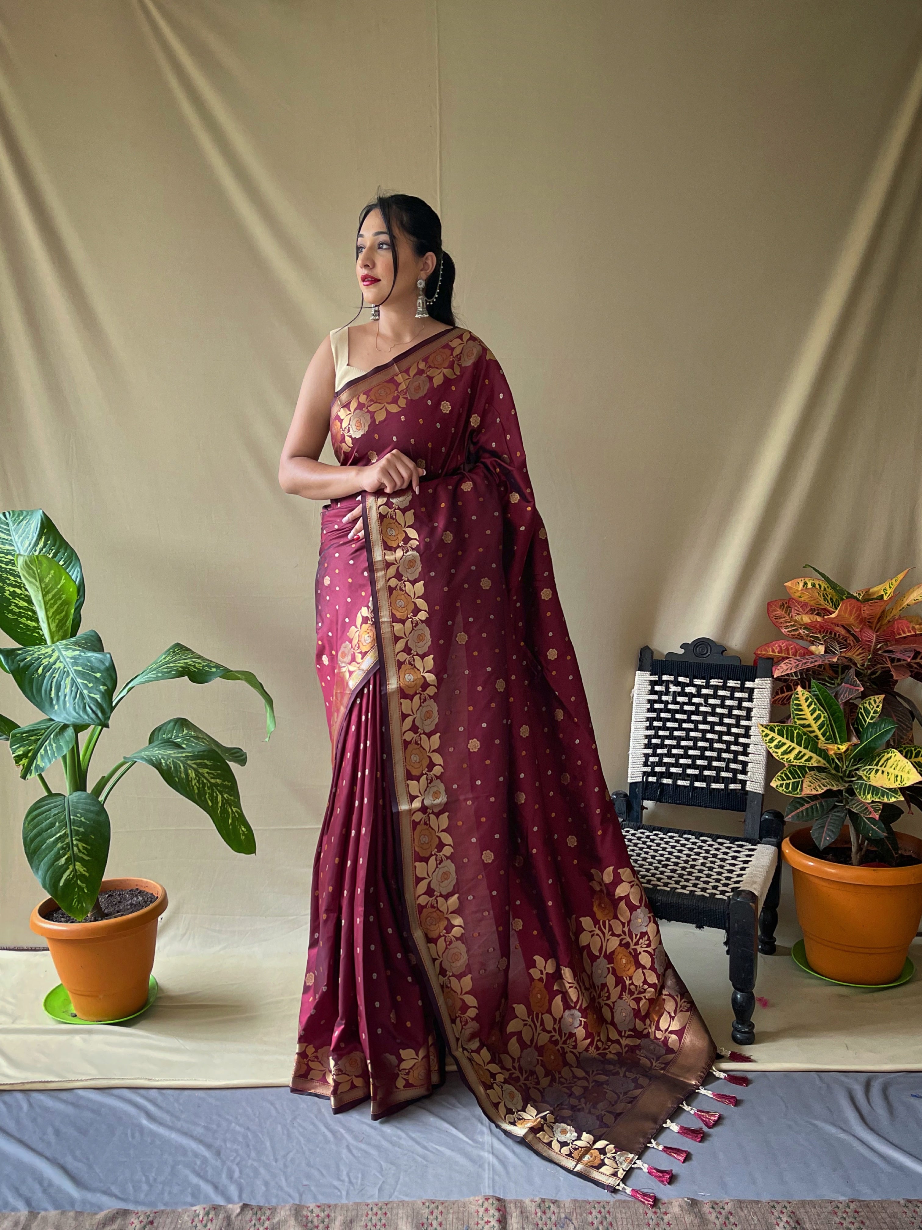Maroon Floral Woven Banarasi Silk Saree