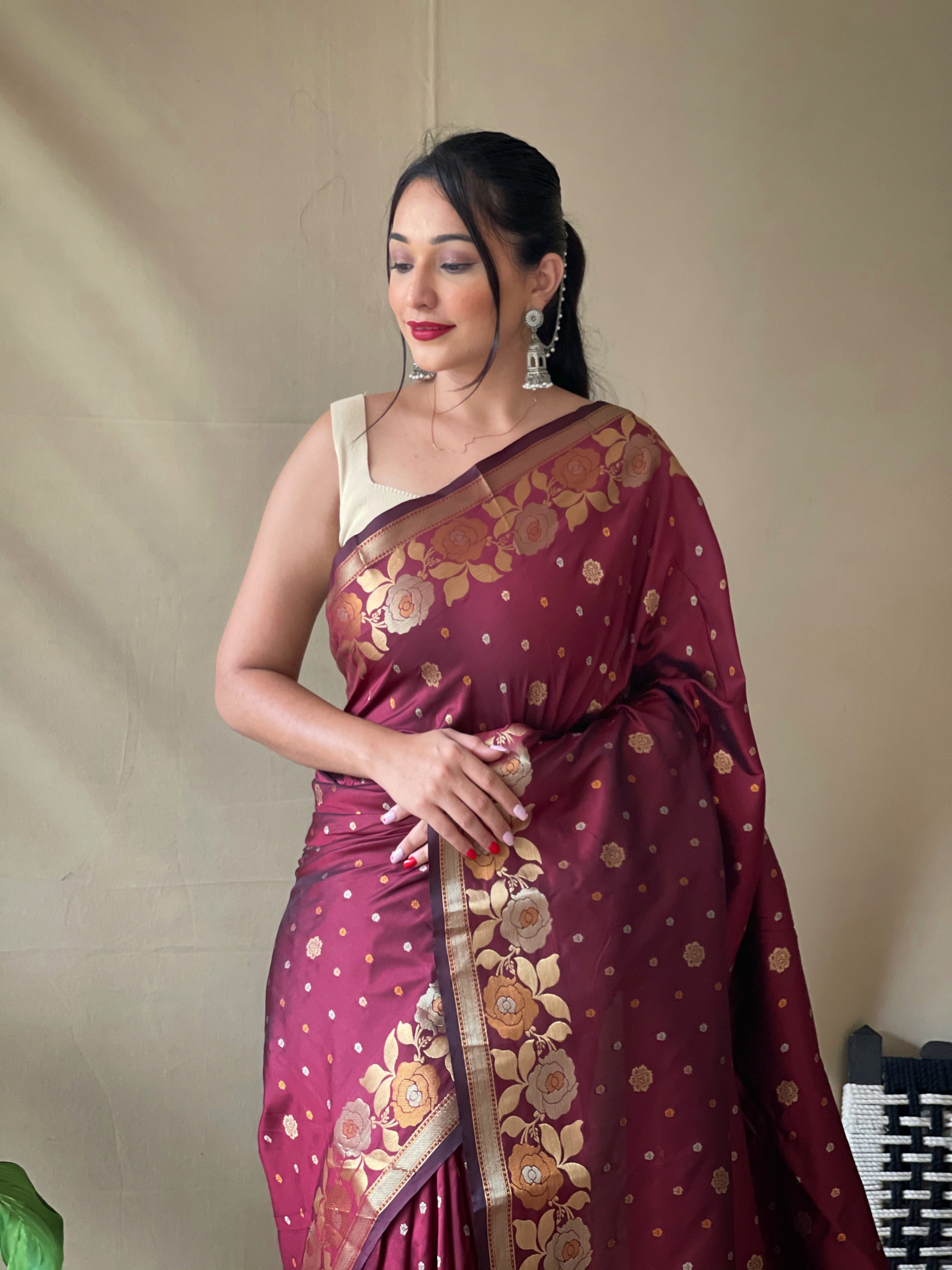 Maroon Floral Woven Banarasi Silk Saree