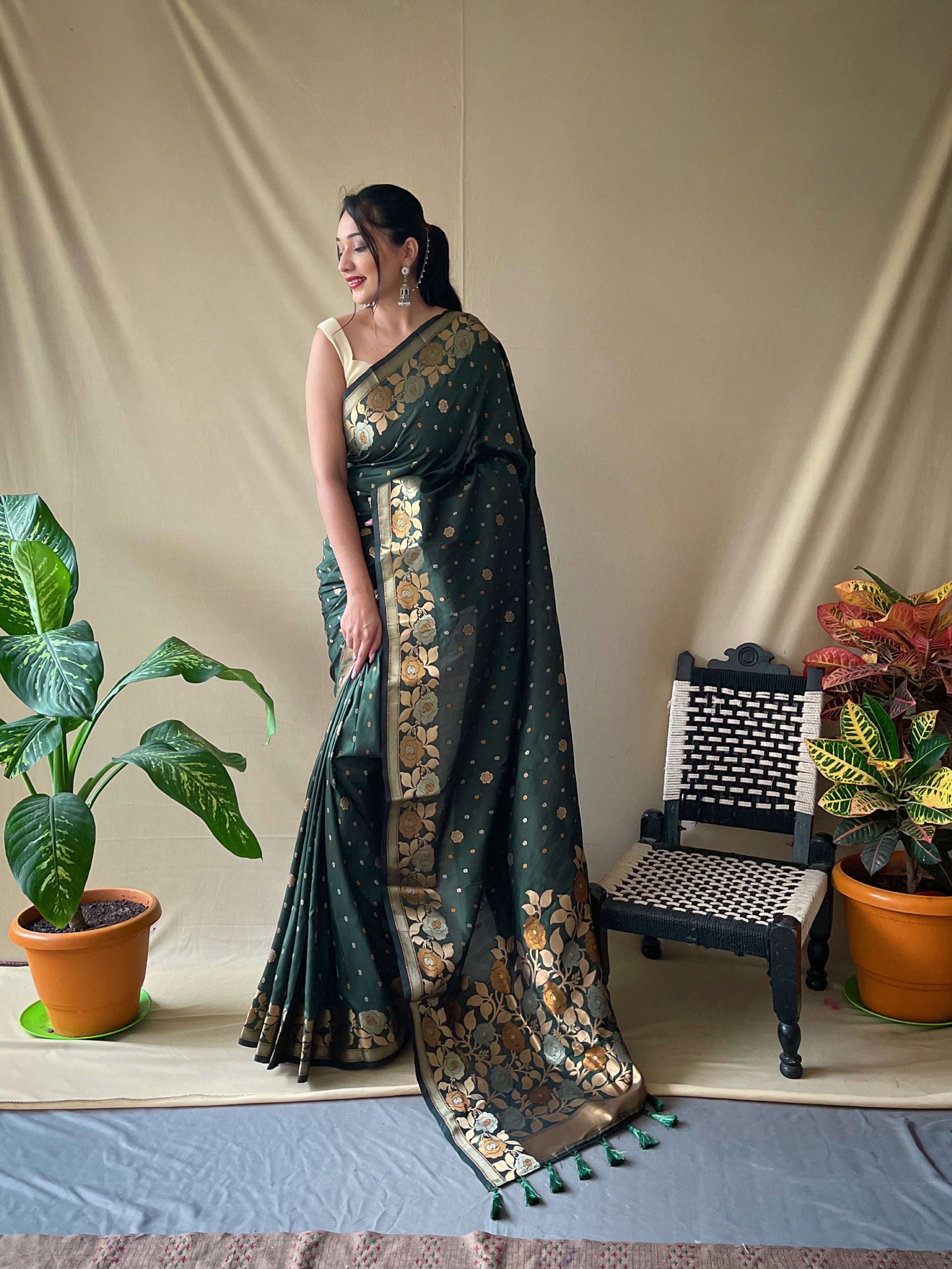 Green Floral Woven Banarasi Silk Saree