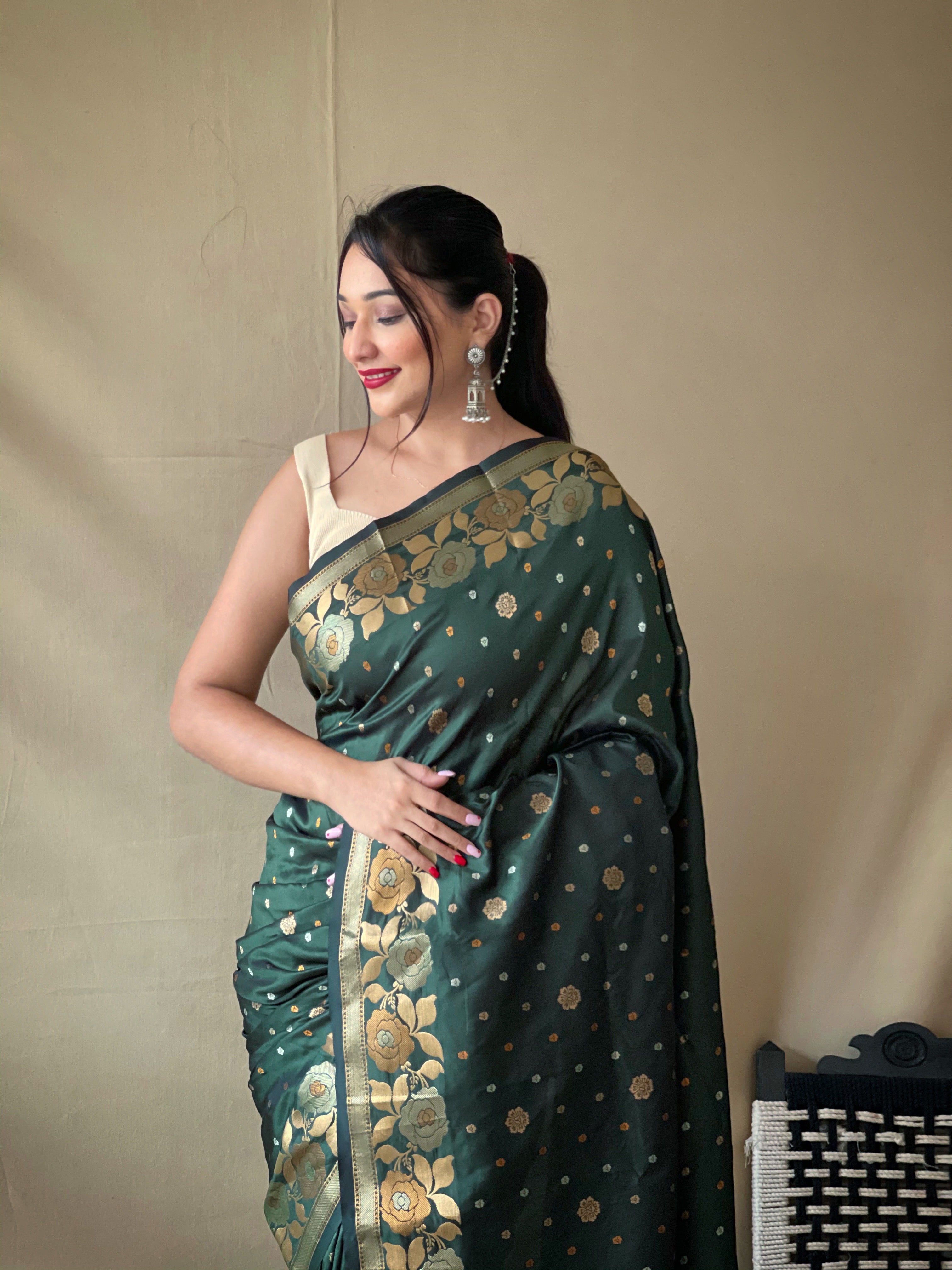 Green Floral Woven Banarasi Silk Saree