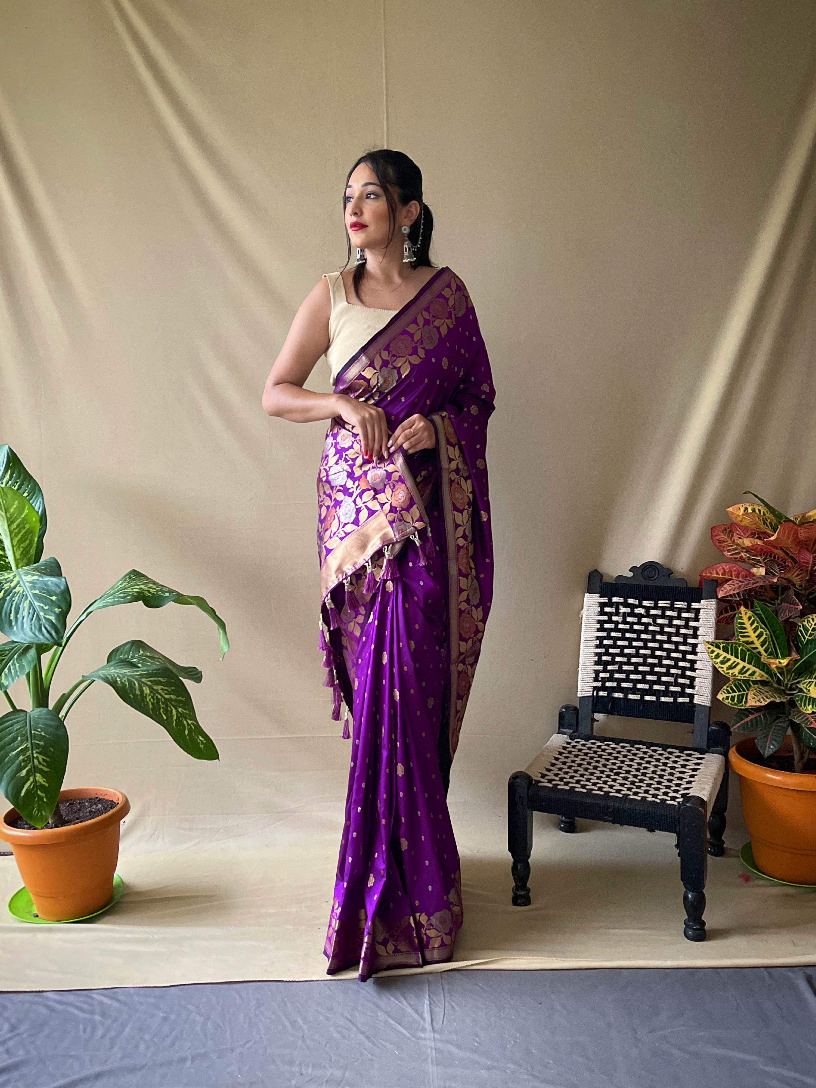 Purple Floral Woven Banarasi Silk Saree