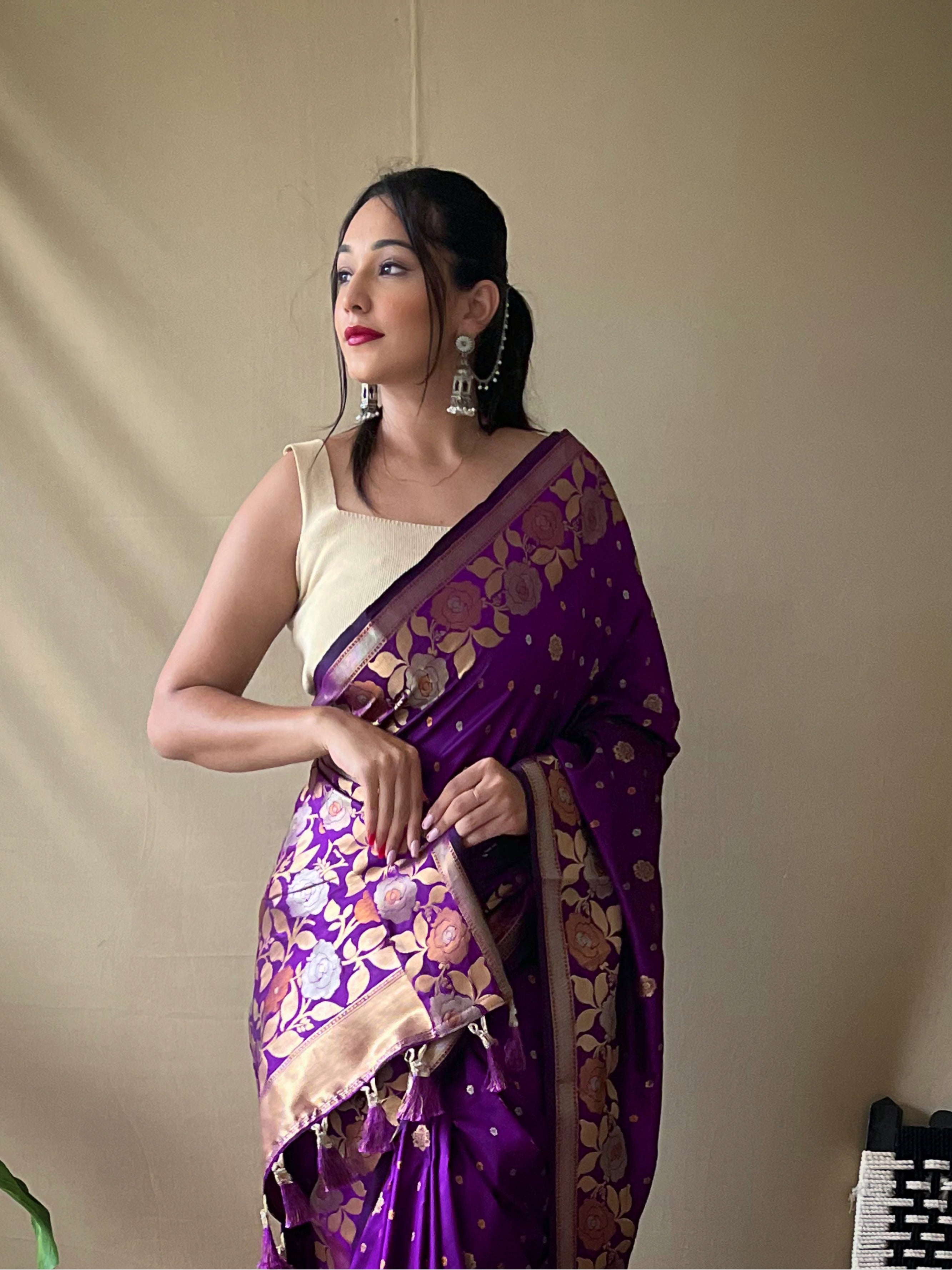Purple Floral Woven Banarasi Silk Saree