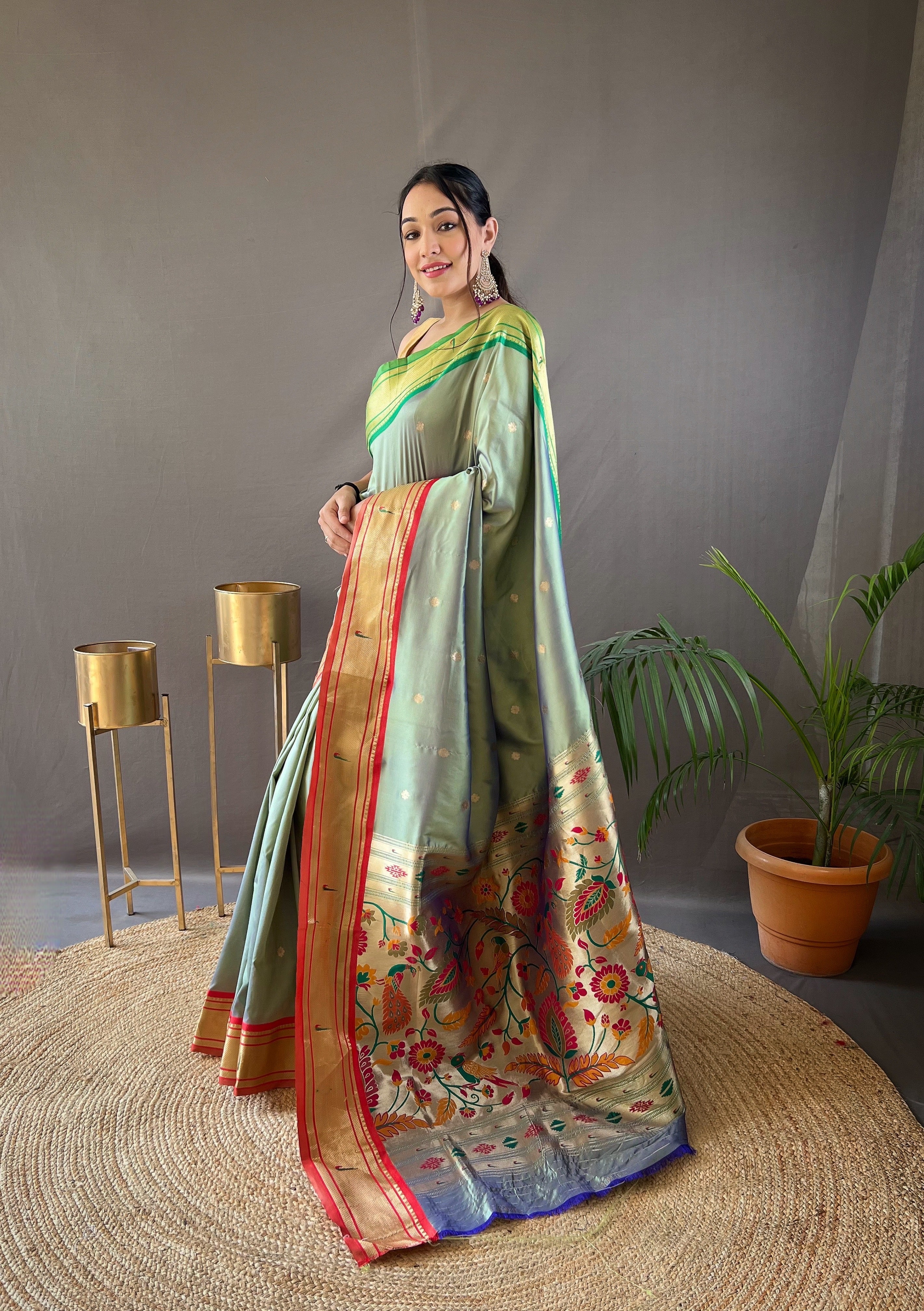 Misty Green Paithani Silk Woven Saree