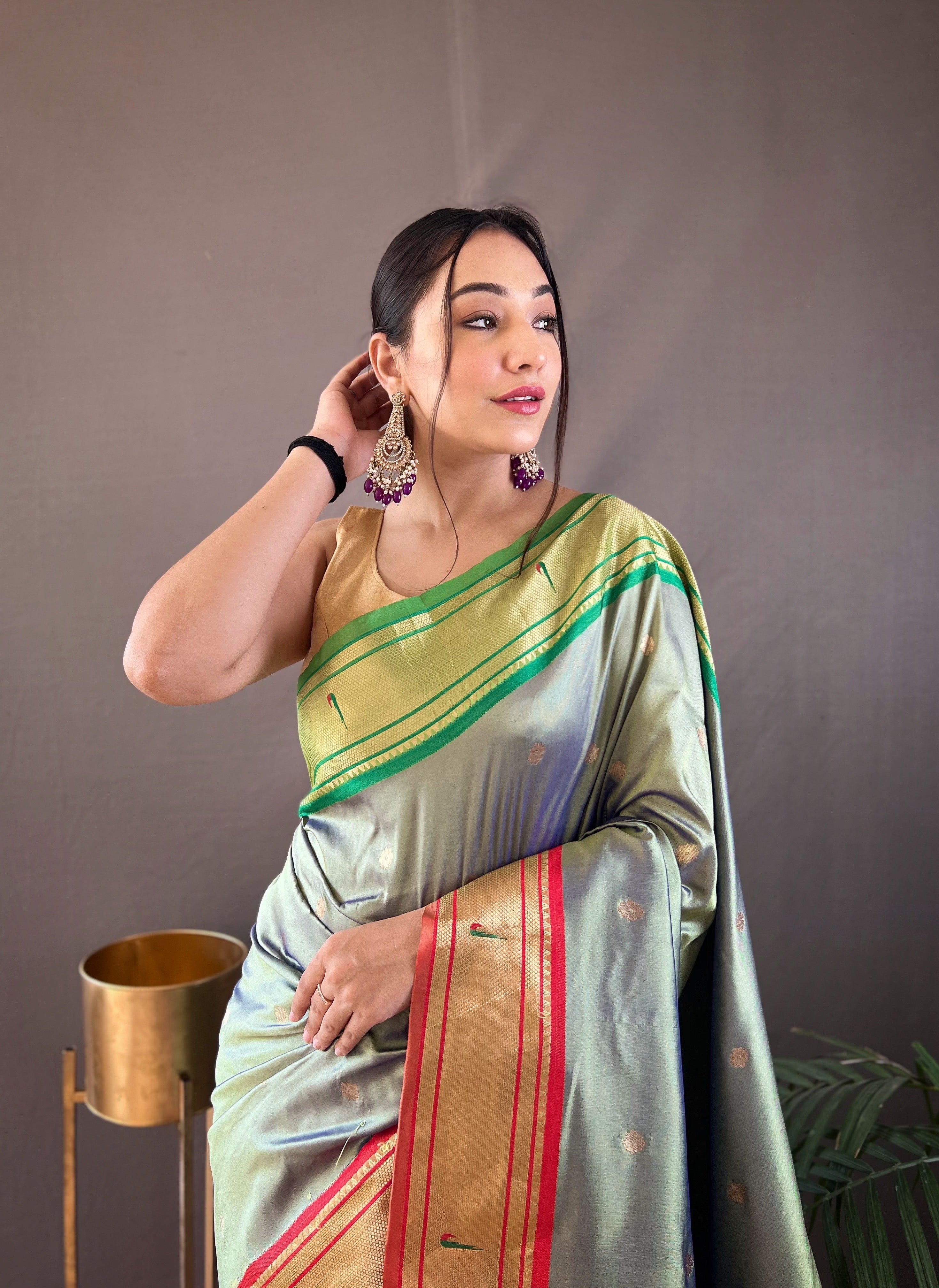 Misty Green Paithani Silk Woven Saree