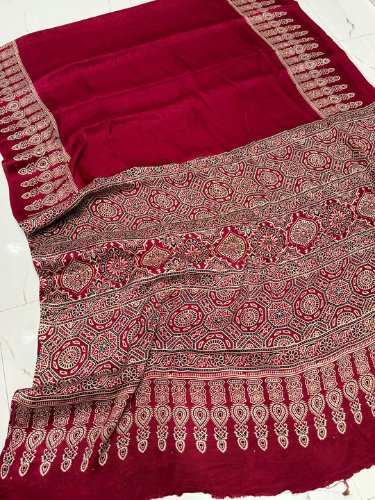 Cranberry Ajrakh Hand Block Modal Silk Saree With Fancy Ajrakh Pallu