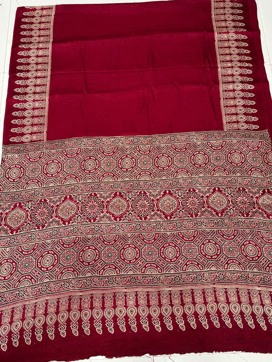 Cranberry Ajrakh Hand Block Modal Silk Saree With Fancy Ajrakh Pallu