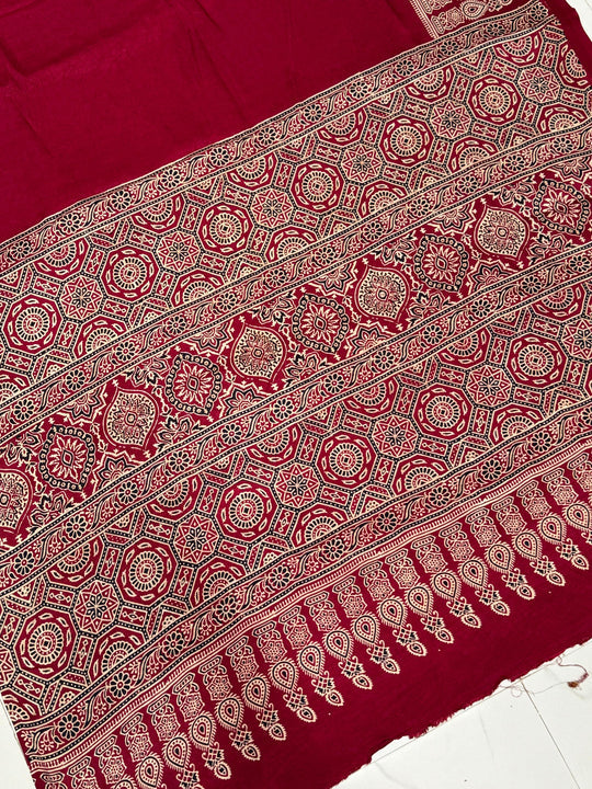 Cranberry Ajrakh Hand Block Modal Silk Saree With Fancy Ajrakh Pallu