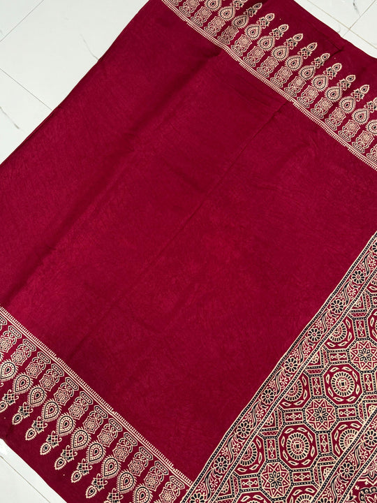 Cranberry Ajrakh Hand Block Modal Silk Saree With Fancy Ajrakh Pallu