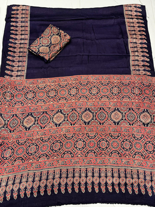 Royal blue Ajrakh Hand Block Modal Silk Saree With Fancy Ajrakh Pallu