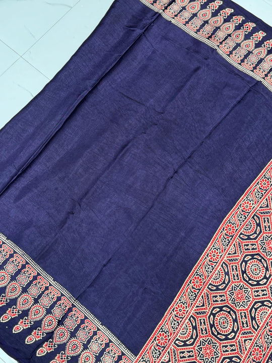 Royal blue Ajrakh Hand Block Modal Silk Saree With Fancy Ajrakh Pallu