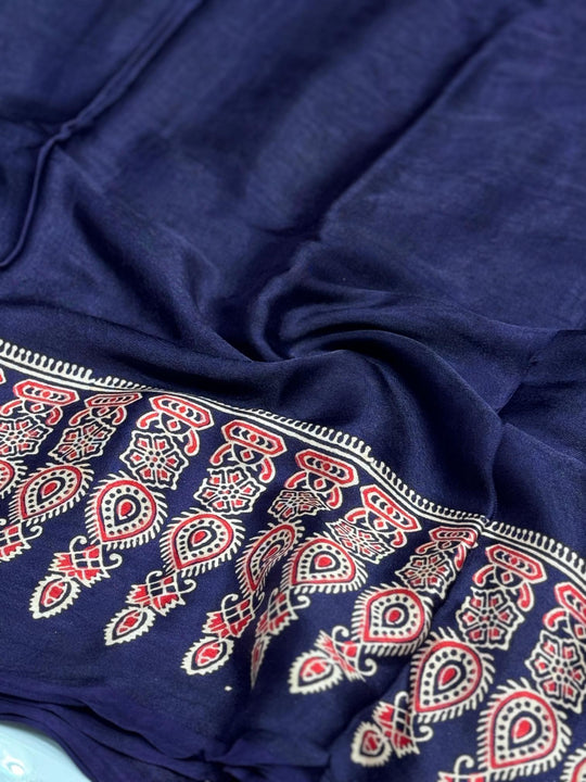 Royal blue Ajrakh Hand Block Modal Silk Saree With Fancy Ajrakh Pallu