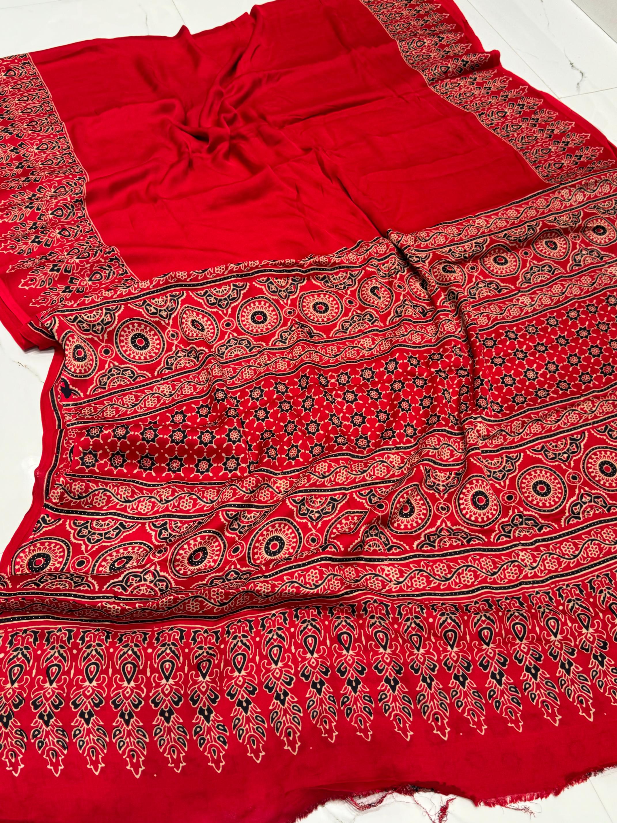 Rosy Ajrakh Hand Block Modal Silk Saree With Fancy Ajrakh Pallu