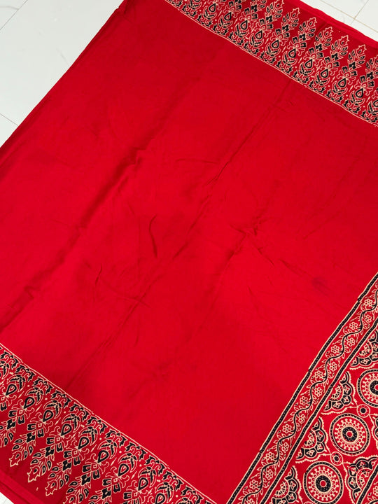 Rosy Ajrakh Hand Block Modal Silk Saree With Fancy Ajrakh Pallu