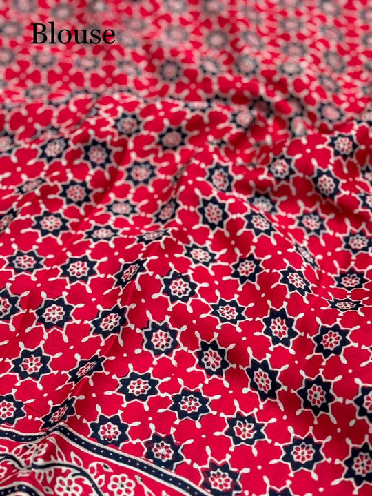 Rosy Ajrakh Hand Block Modal Silk Saree With Fancy Ajrakh Pallu