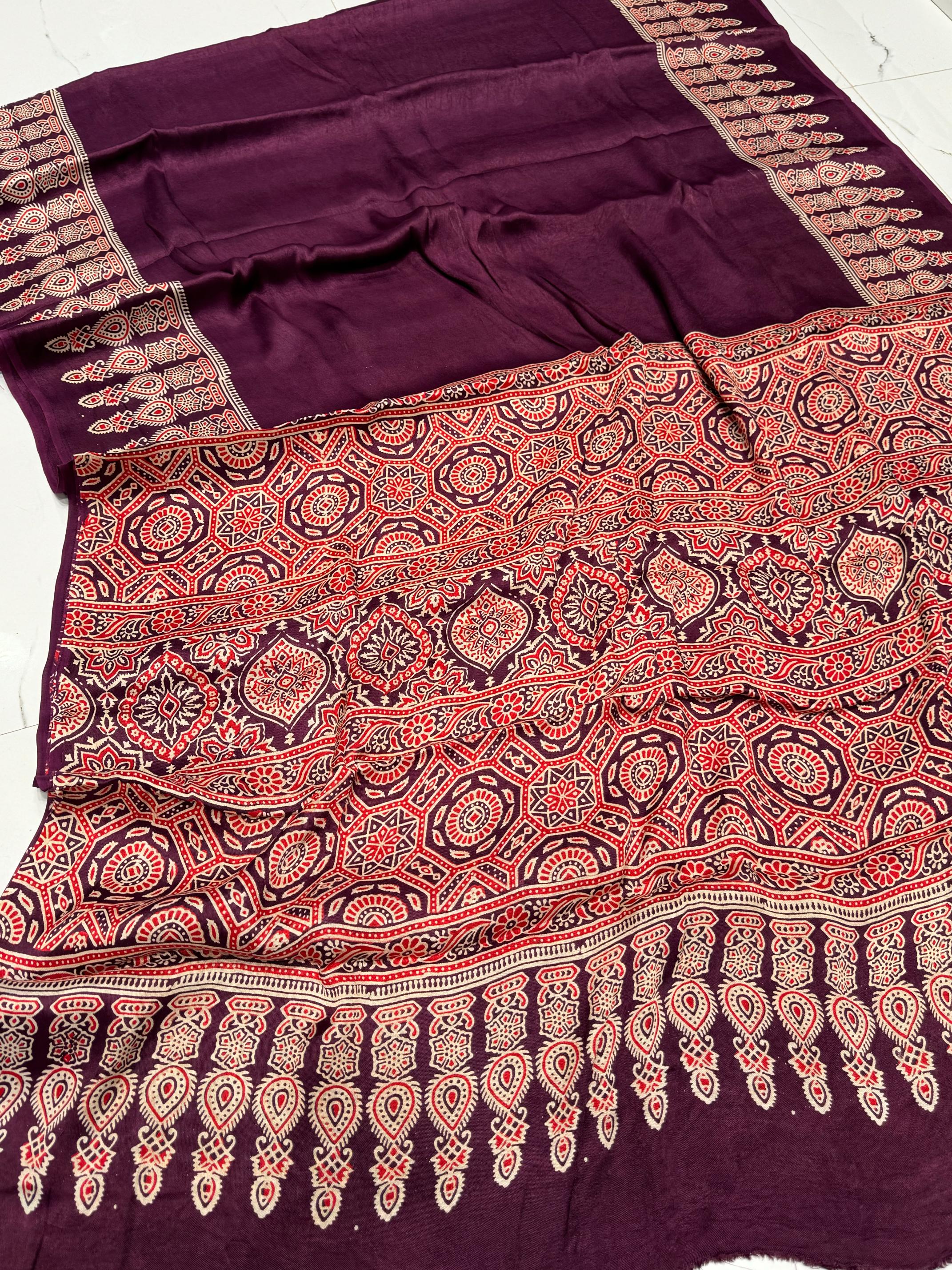 Mulberry Ajrakh Hand Block Modal Silk Saree With Fancy Ajrakh Pallu