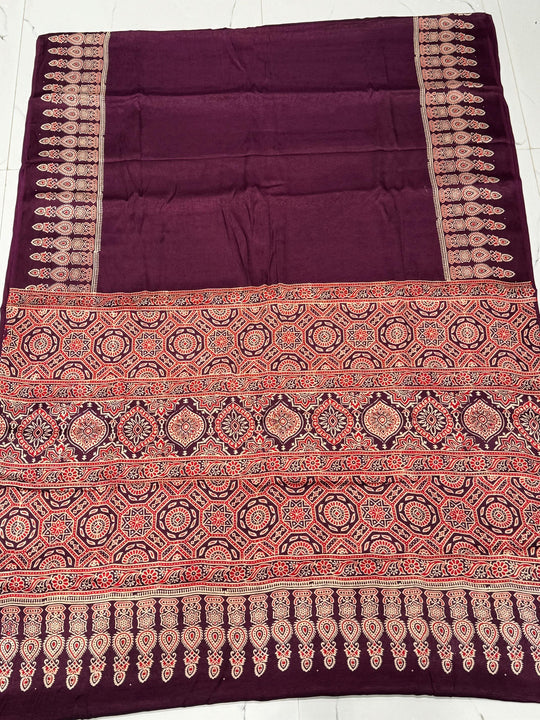 Mulberry Ajrakh Hand Block Modal Silk Saree With Fancy Ajrakh Pallu