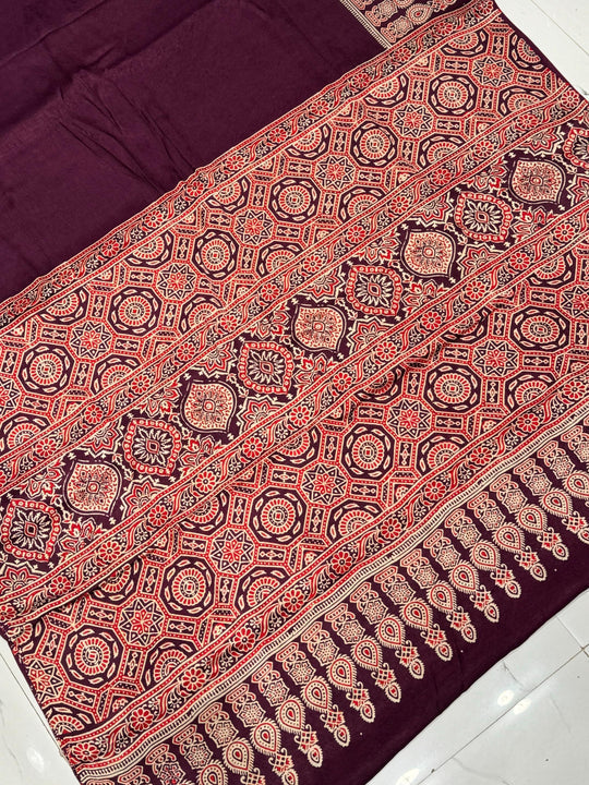 Mulberry Ajrakh Hand Block Modal Silk Saree With Fancy Ajrakh Pallu