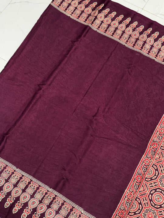 Mulberry Ajrakh Hand Block Modal Silk Saree With Fancy Ajrakh Pallu