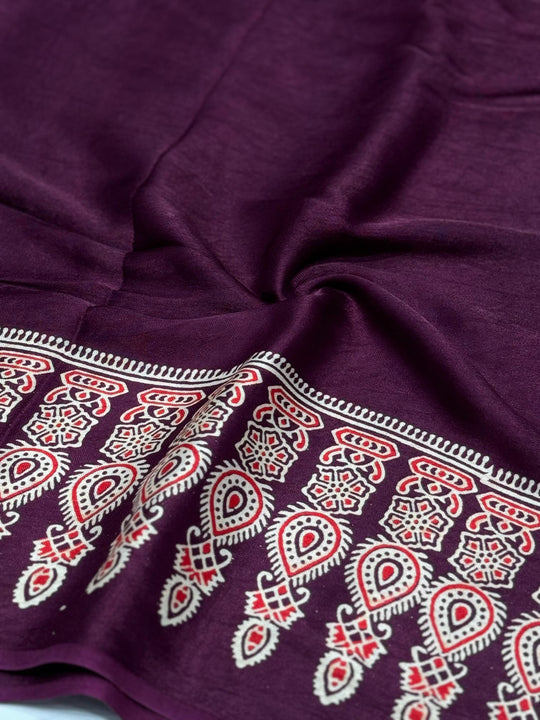Mulberry Ajrakh Hand Block Modal Silk Saree With Fancy Ajrakh Pallu