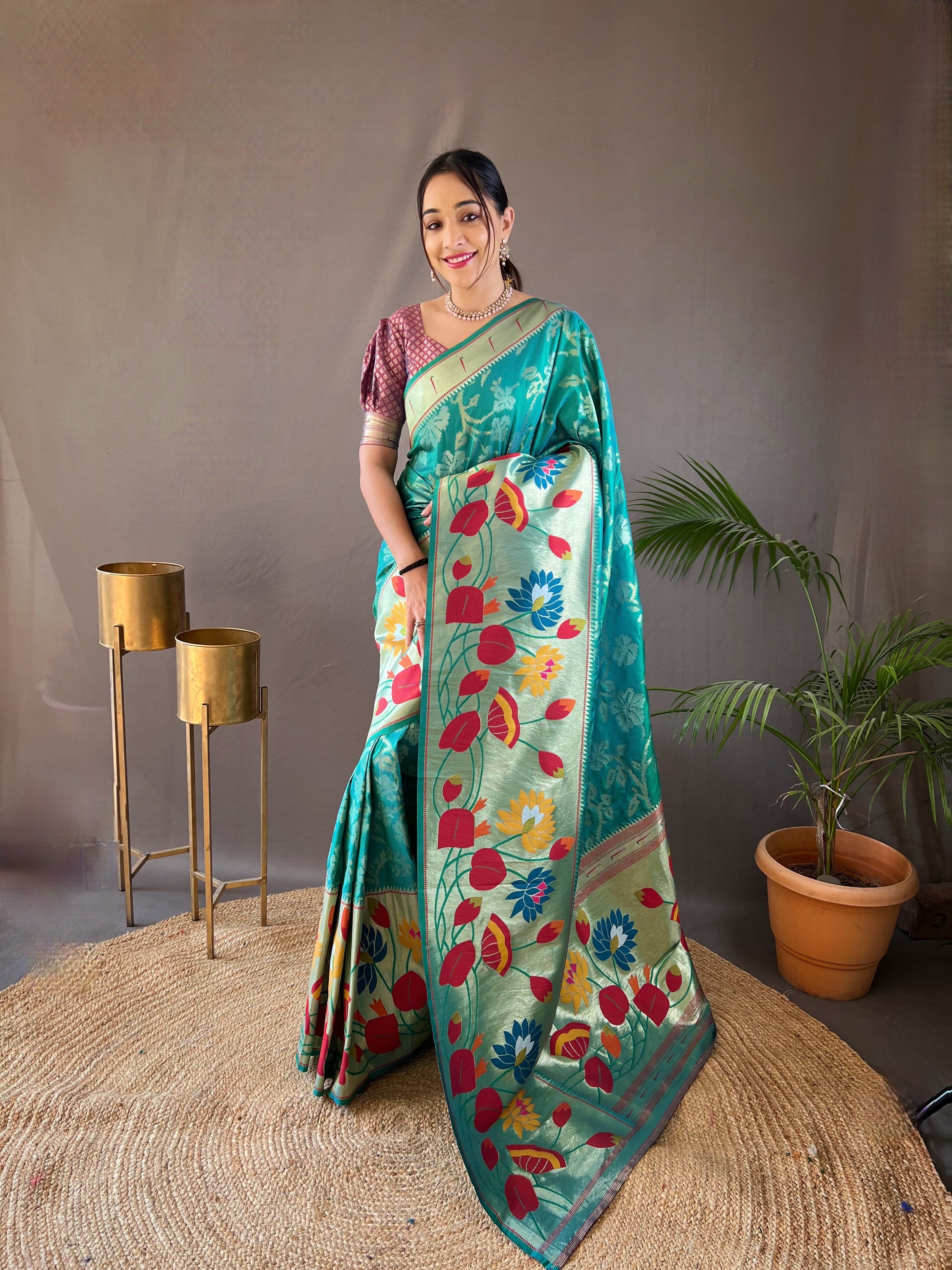 Teal Silk Saree And Zari Weaving Printed Rich Pallu Paithani Silk Saree