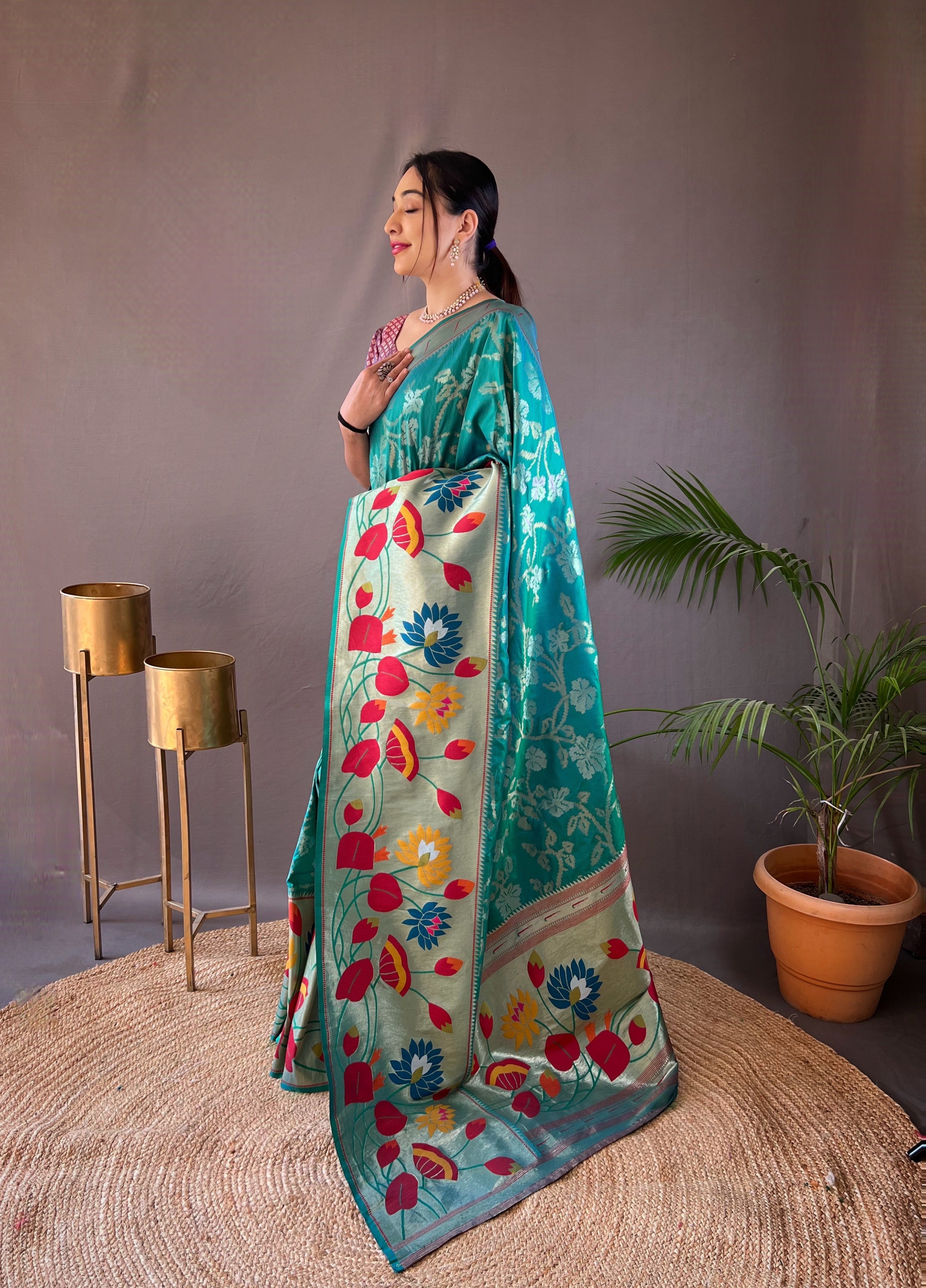 Teal Silk Saree And Zari Weaving Printed Rich Pallu Paithani Silk Saree
