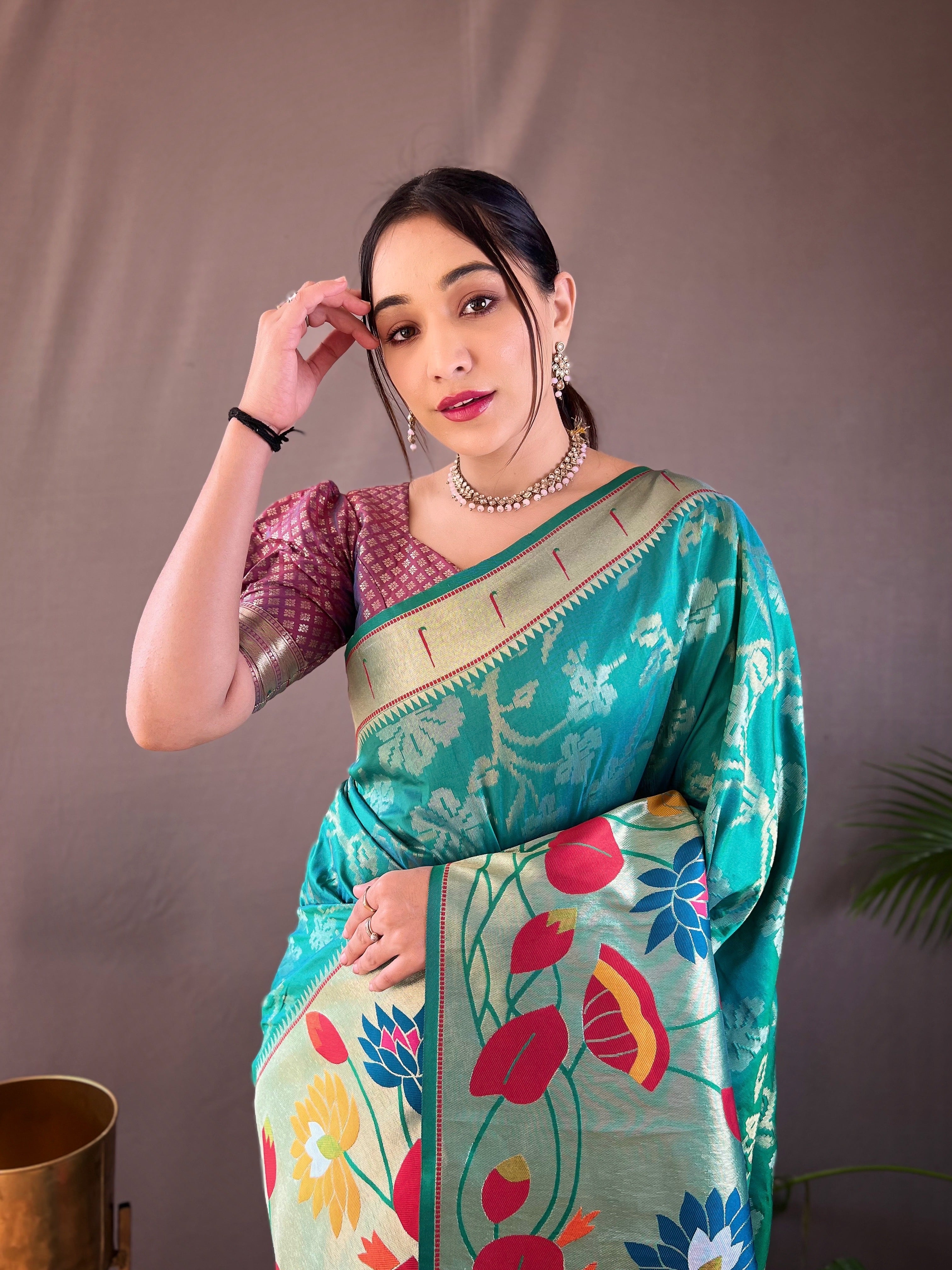 Teal Silk Saree And Zari Weaving Printed Rich Pallu Paithani Silk Saree
