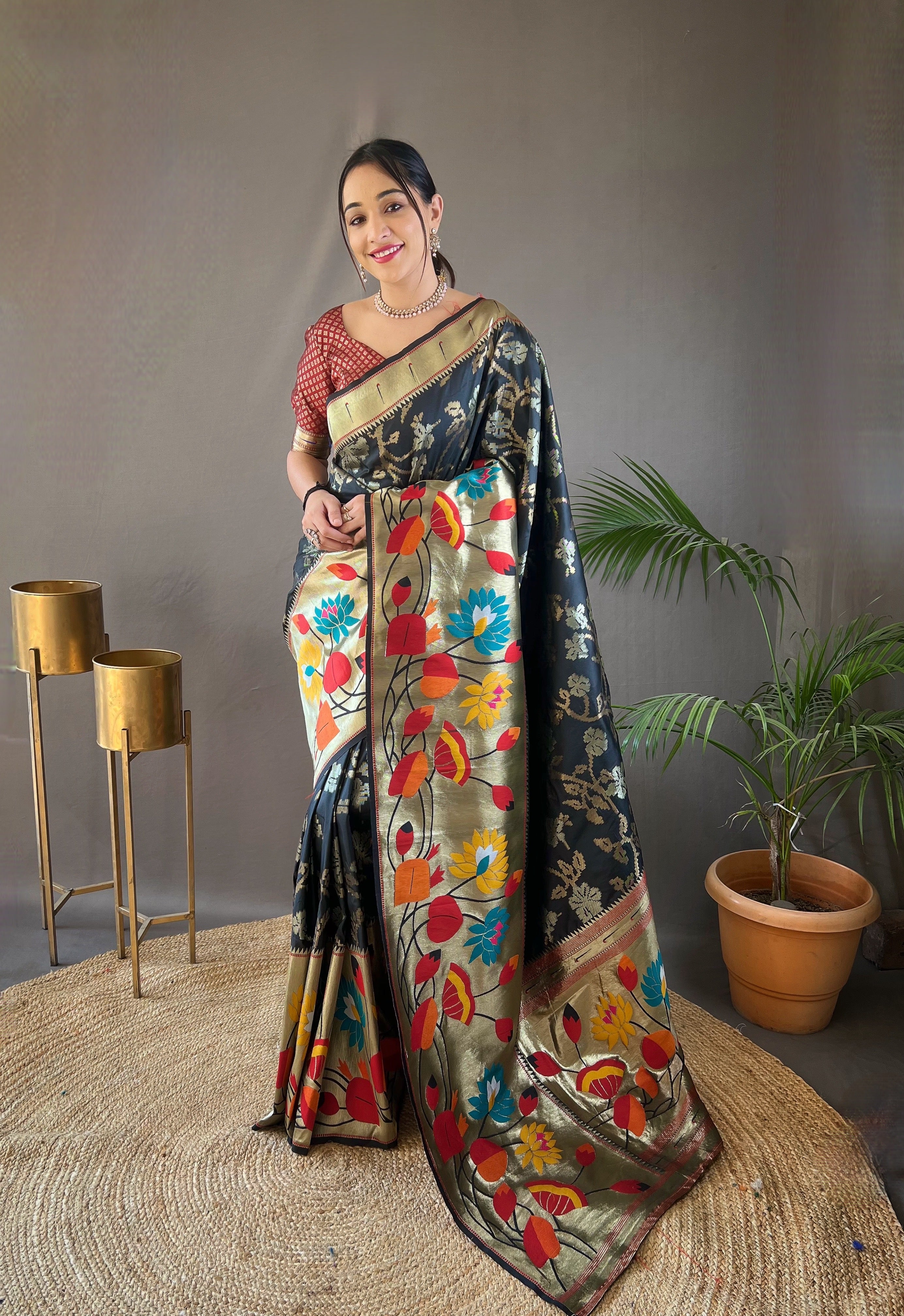 Black Silk Saree And Zari Weaving Printed Rich Pallu Paithani Silk Saree