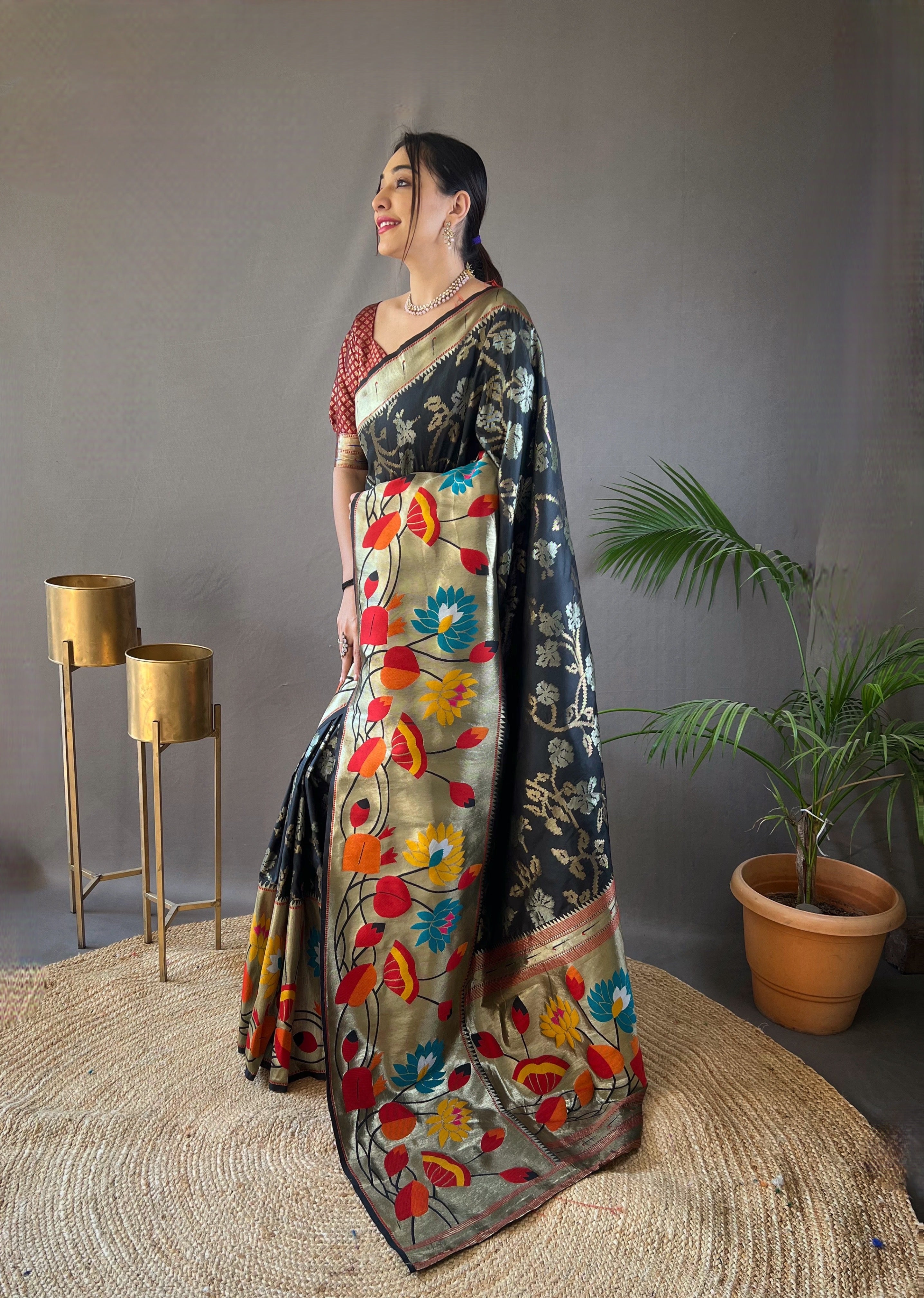 Black Silk Saree And Zari Weaving Printed Rich Pallu Paithani Silk Saree