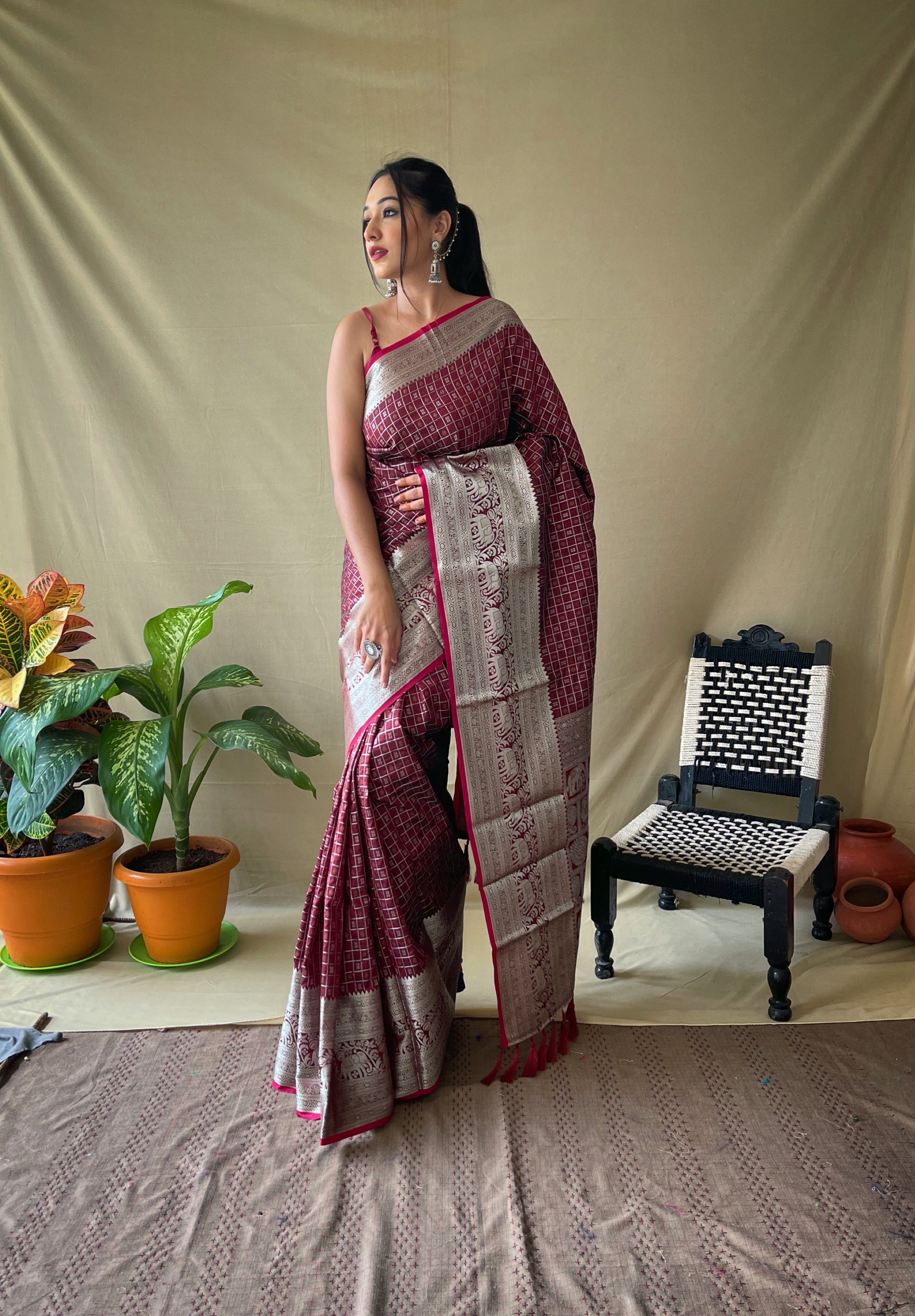Wine Banarasi Silk Zari Weaving Saree