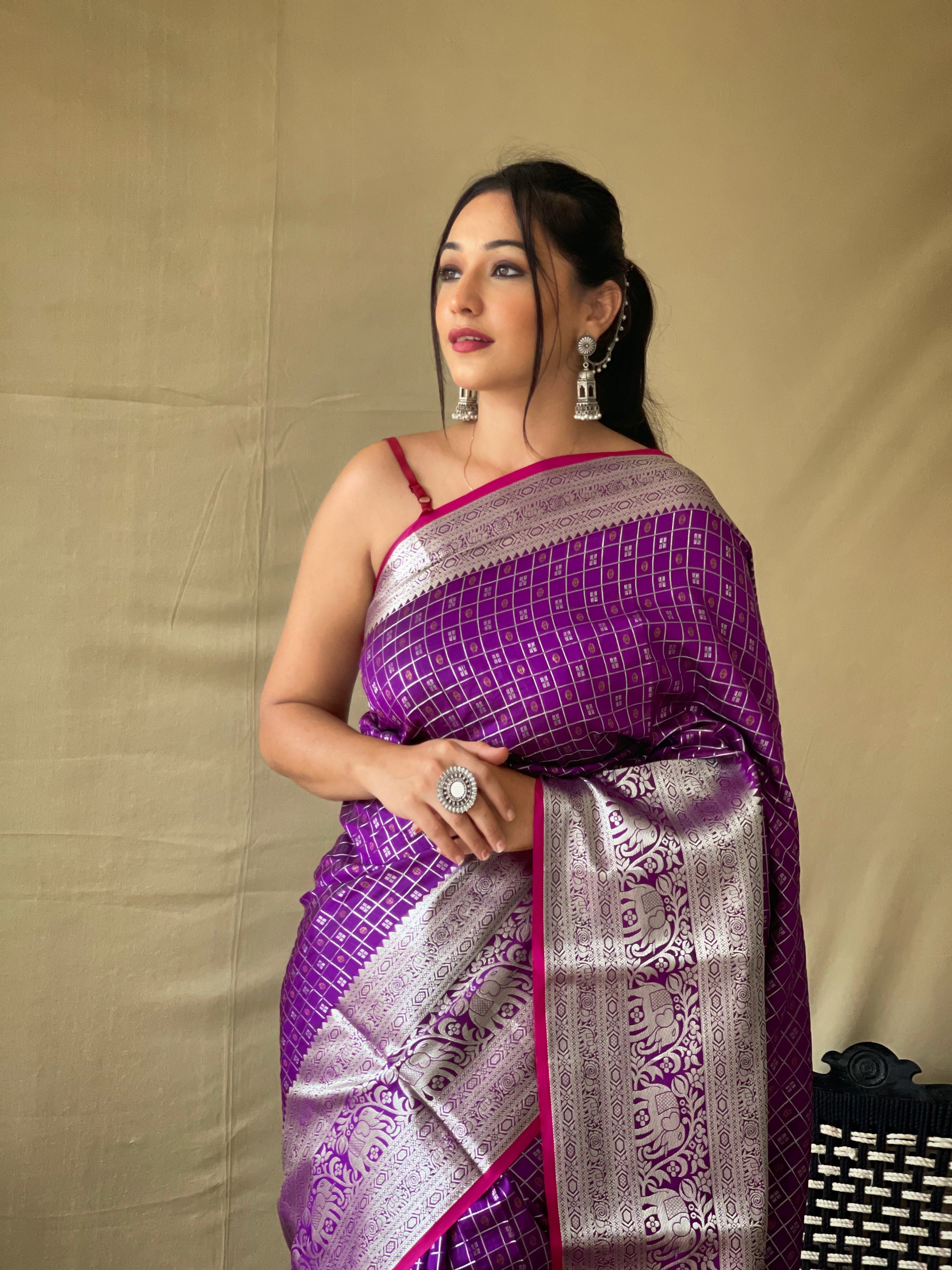 Eggplant Banarasi Silk Zari Weaving Saree