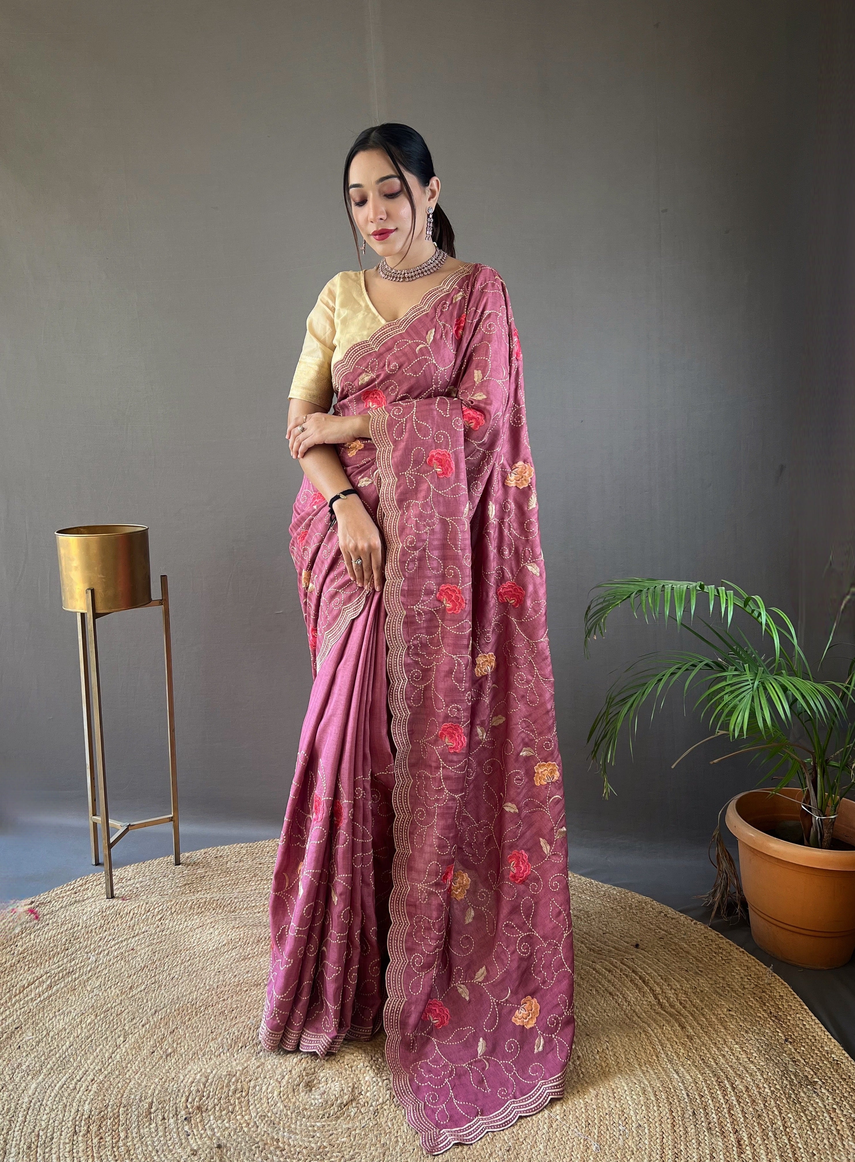 Wine Floral Design Embroidered Work Tussar Silk Saree
