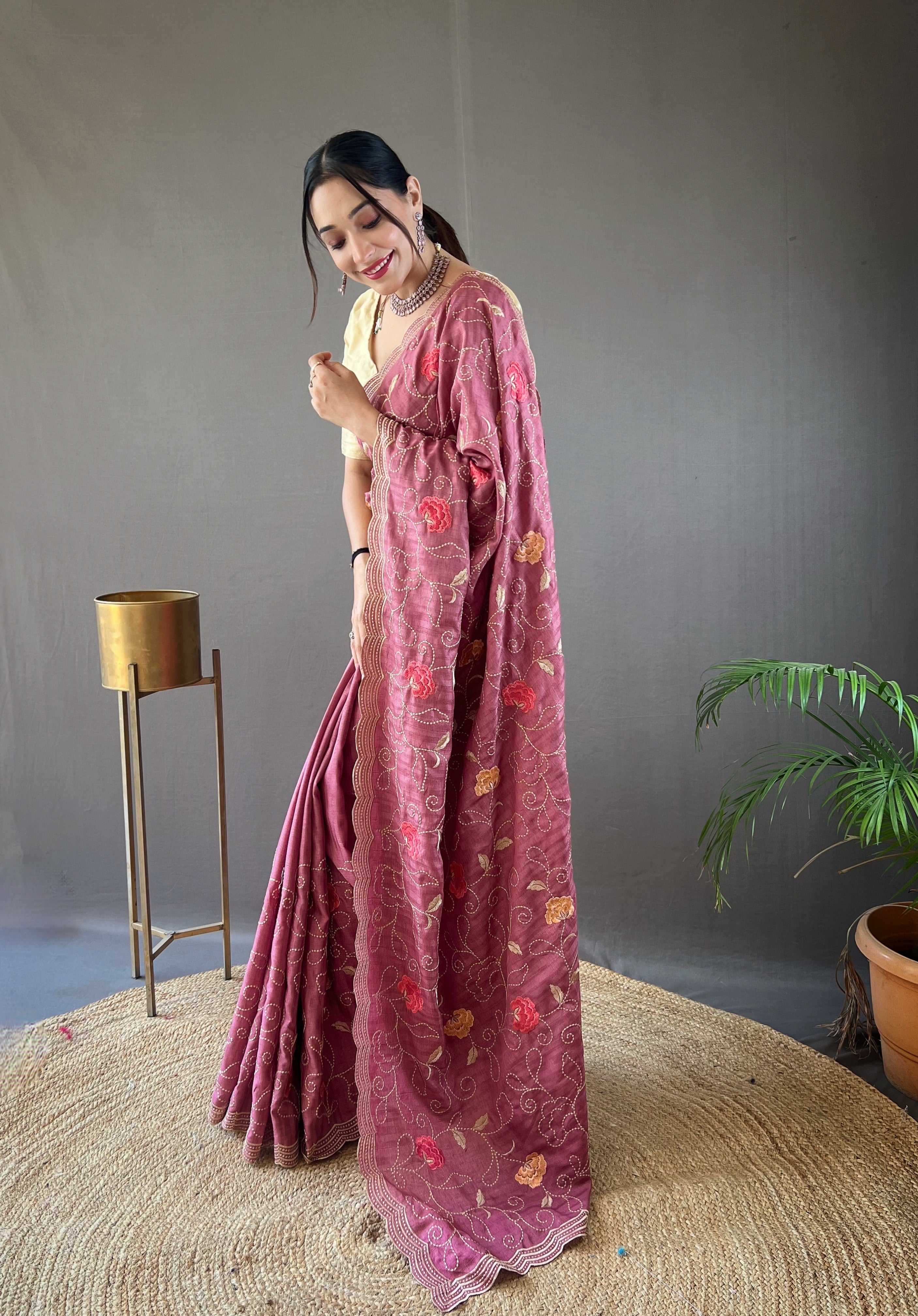 Wine Floral Design Embroidered Work Tussar Silk Saree