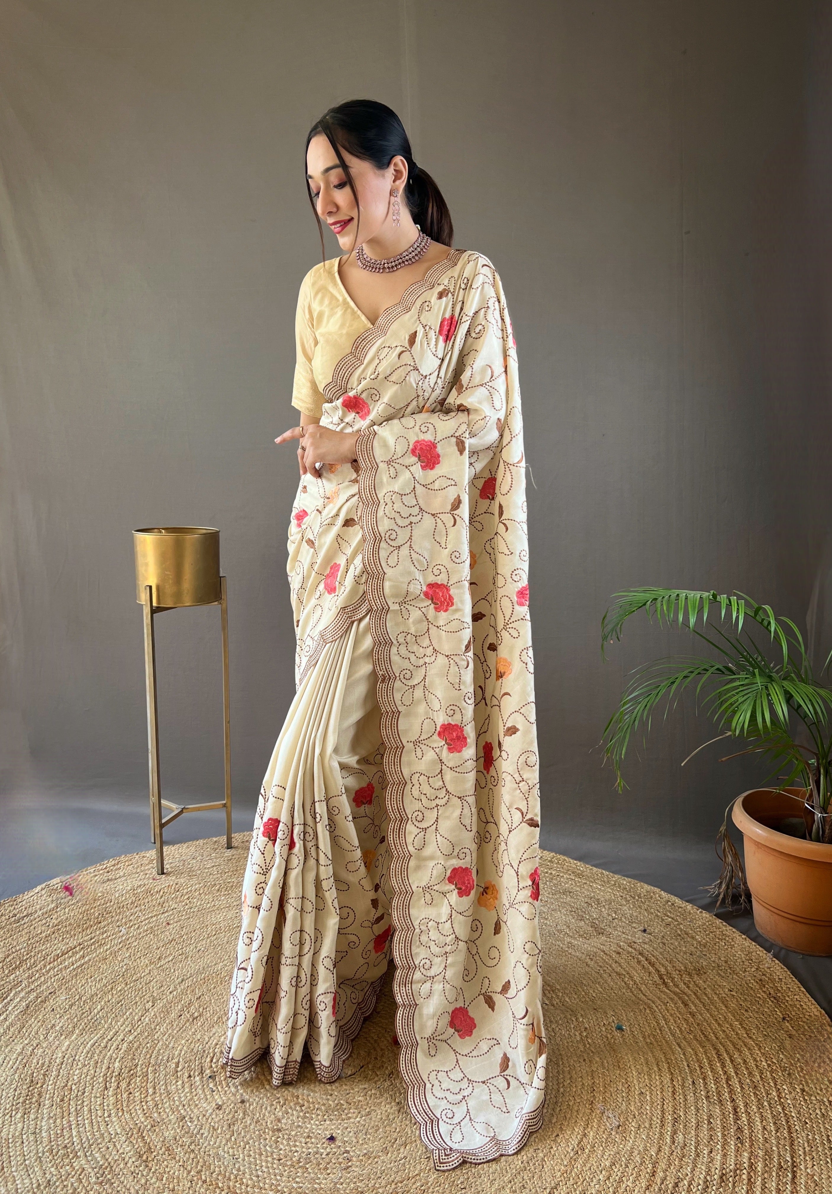 Sandstone Floral Design Embroidered Work Tussar Silk Saree