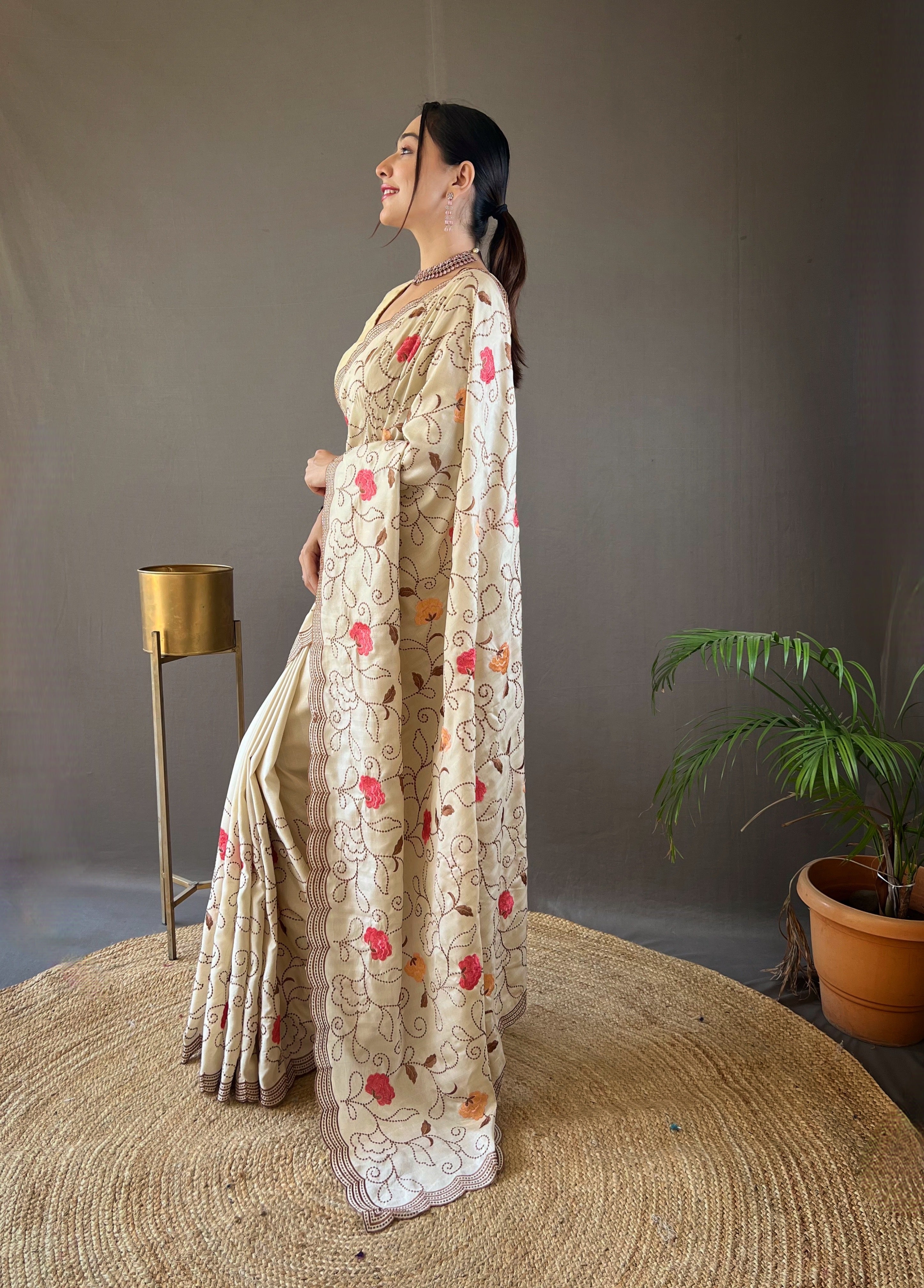 Sandstone Floral Design Embroidered Work Tussar Silk Saree