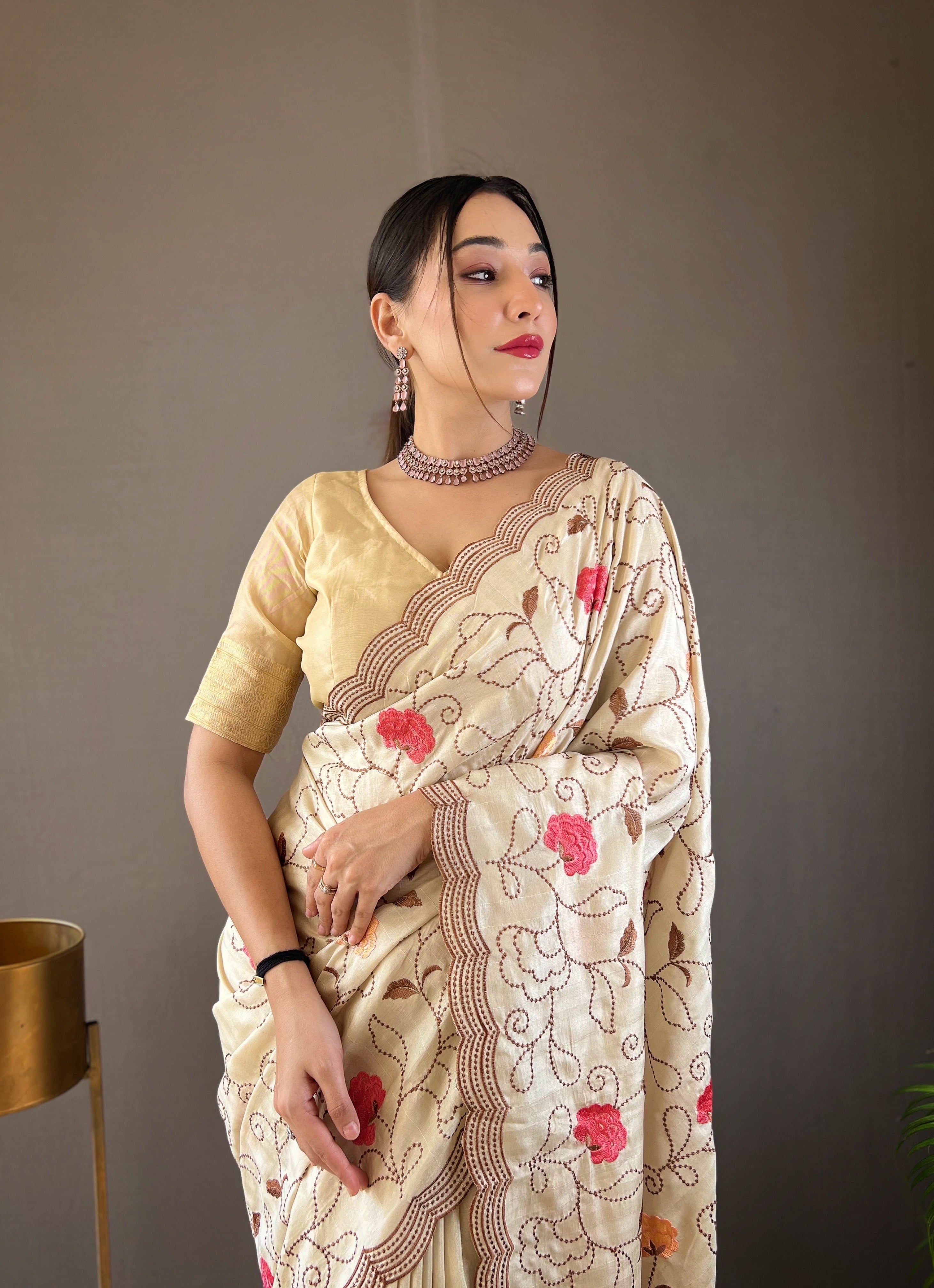 Sandstone Floral Design Embroidered Work Tussar Silk Saree