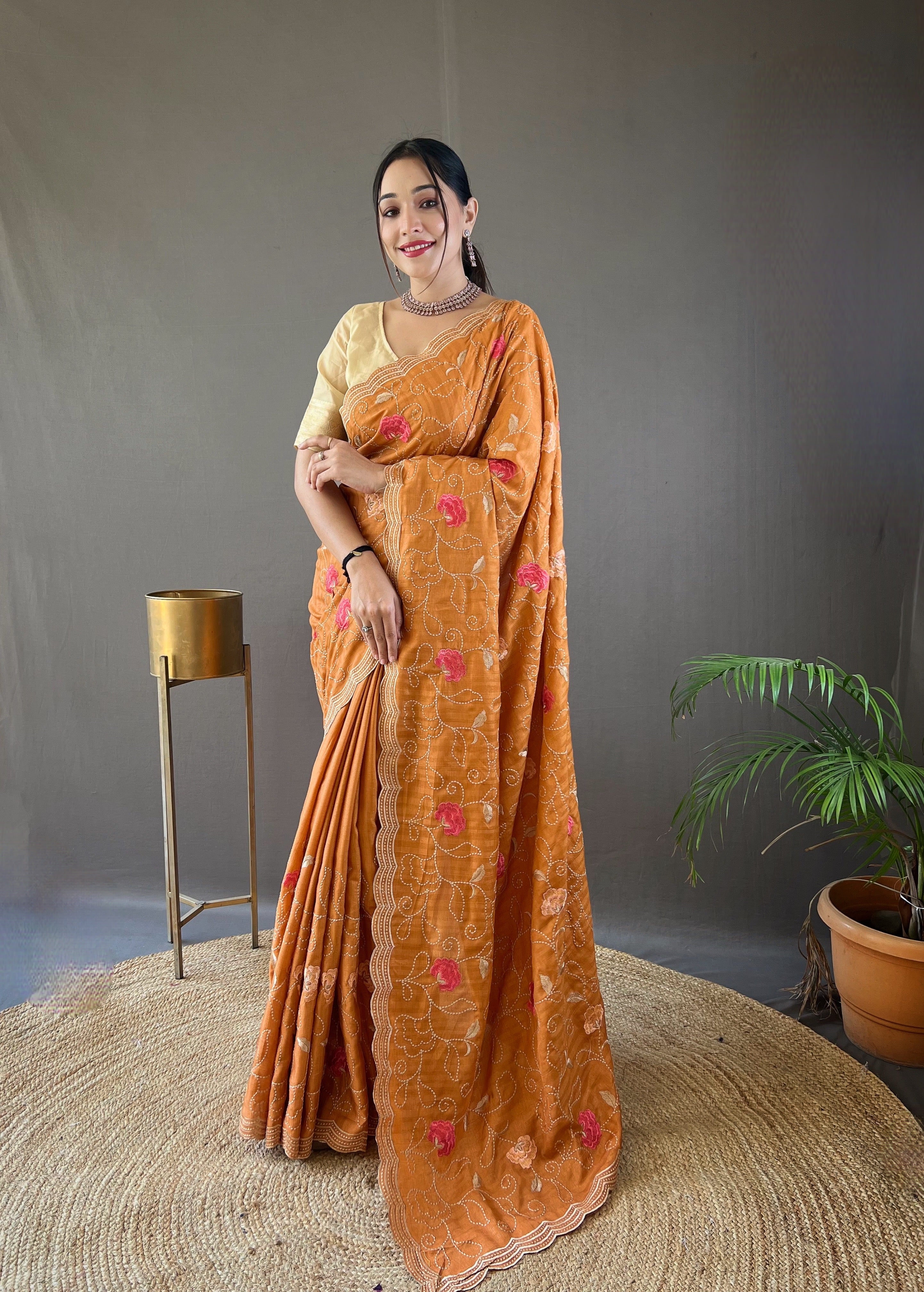 Peach Floral Design Embroidered Work Tussar Silk Saree