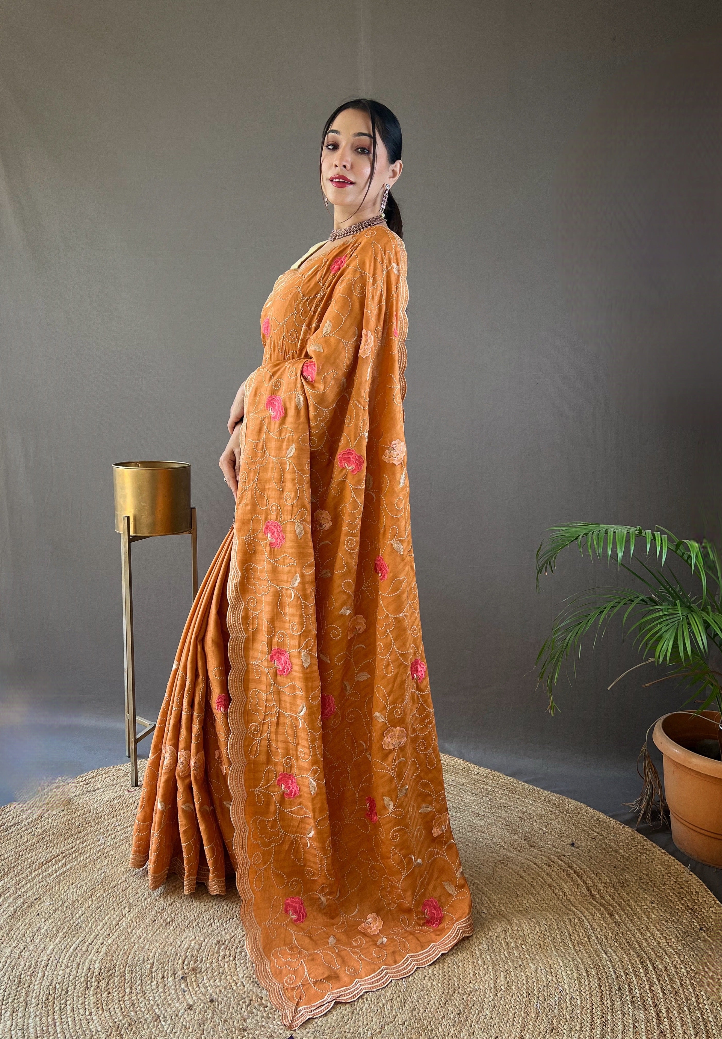 Peach Floral Design Embroidered Work Tussar Silk Saree